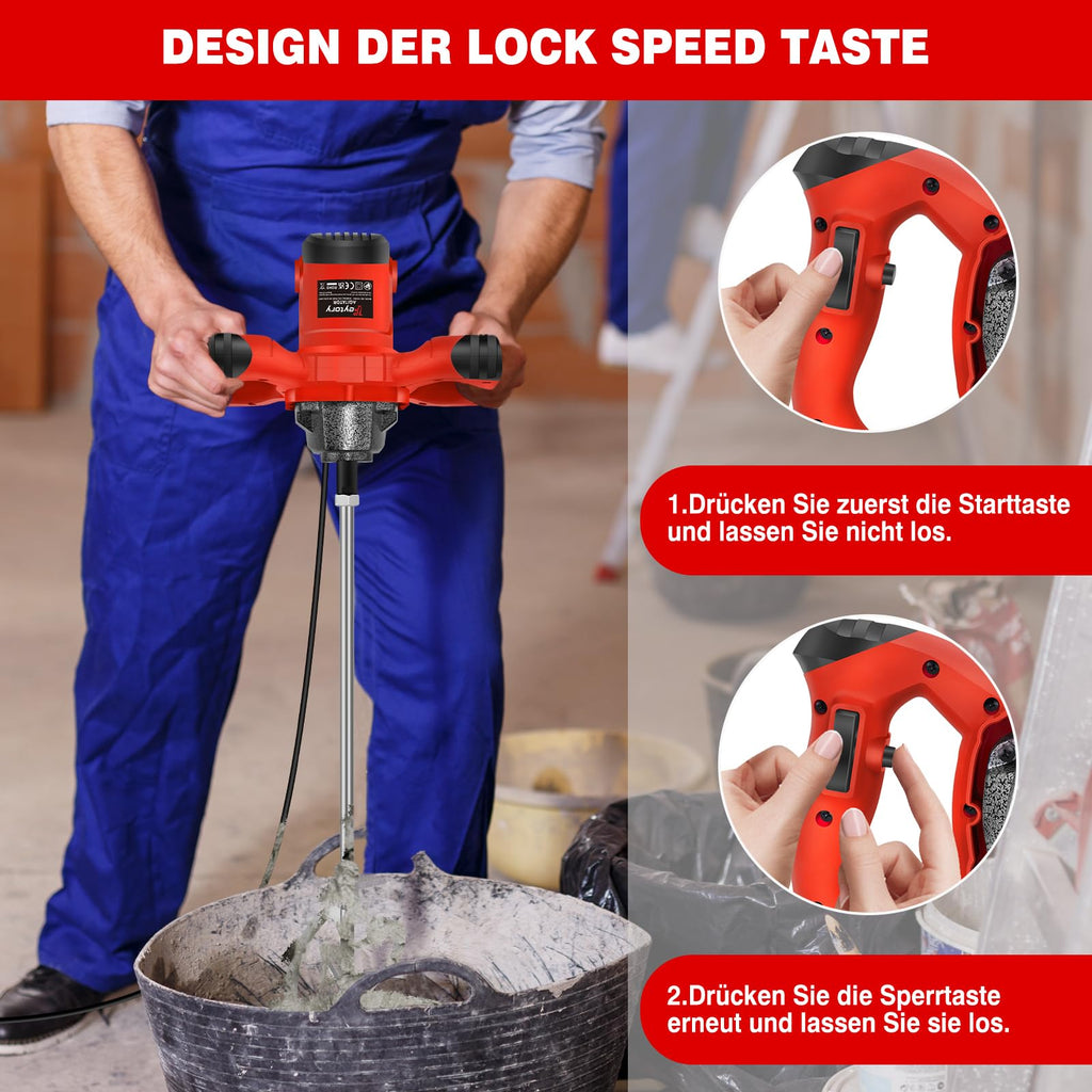 2600W Rot Rührwerk betonrührer, 6-Gang-Getriebe 0-1700U/min, M14 Spiralstange 60 cm, Farb-Mörtelrührer Ø120 mm, Handmischer für Mischgut Beton, Mörtel, Putz, Farbe, Kleber und Zement