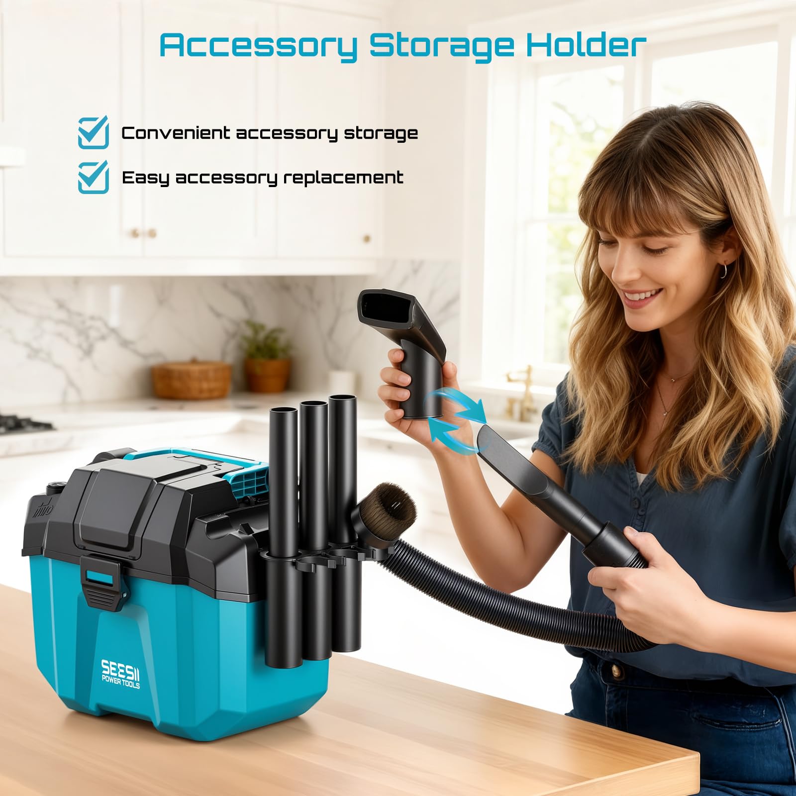 SEESII Akku Nass und Trockensauger, 3-in-1 Werkstattsauger mit Gebläse 2x4000mAh Batterien, 10L Nass Trockensauger Mini, Schultergurt, 4 Rädern und Aufsätzen, Ideal für Werkstatt/Auto/Baustelle (Blue)