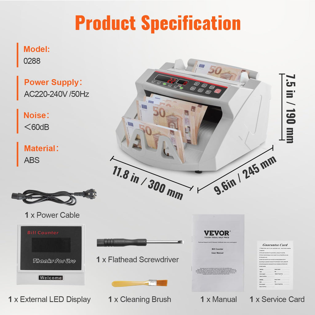 VEVOR Geldscheinzähler mit LED-Display und professionellem Geldscheinzähler mit Falschgeld-Detektor, UV/MG, 1000 Banknoten/Minute, nur Zahl der Blätter