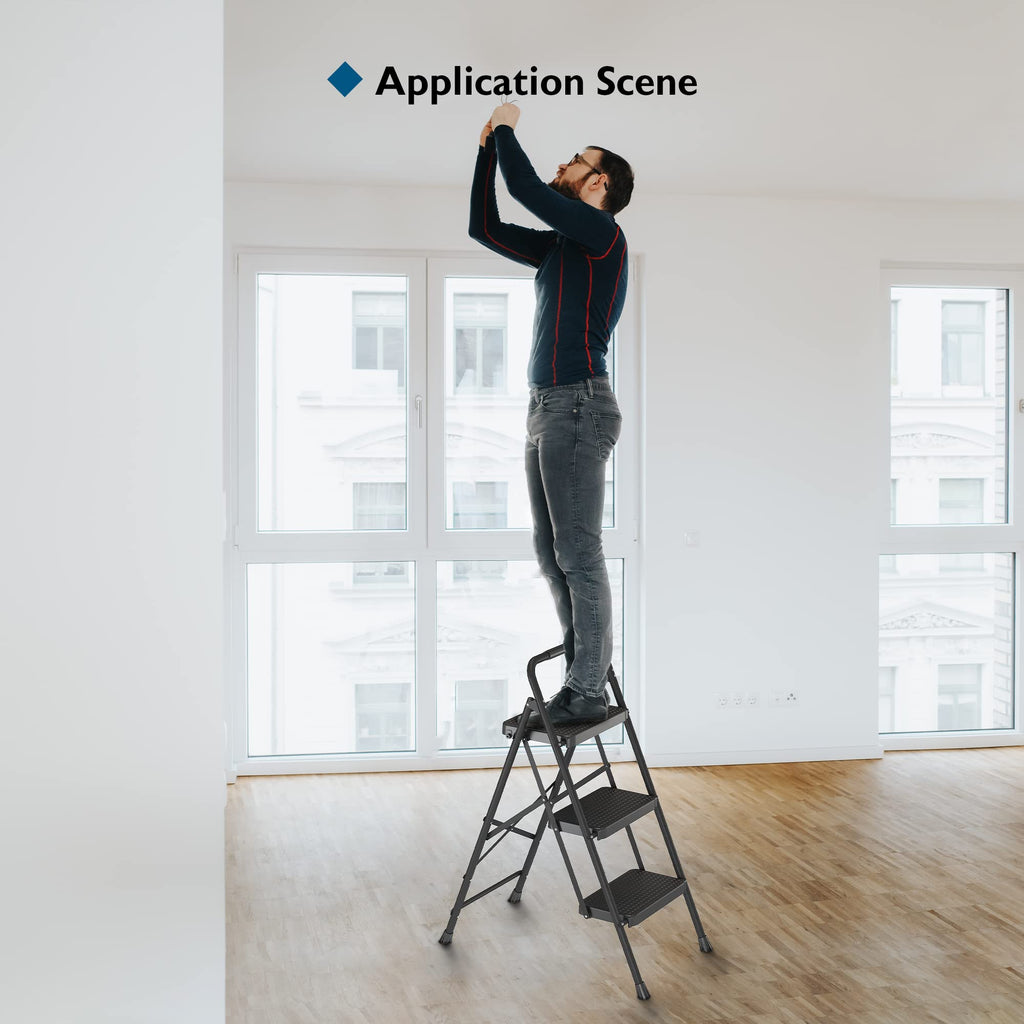 BONTEC Trittleiter 3 Stufen Klappbar, 150kg Kapazität mit Breiten Anti-Rutsch-Pedalen, Faltbarer Stahl-Tritthocker, Schwamm-Lenker, Zuhause, Speisekammer, Innen- und Außenbereich, Schwarz