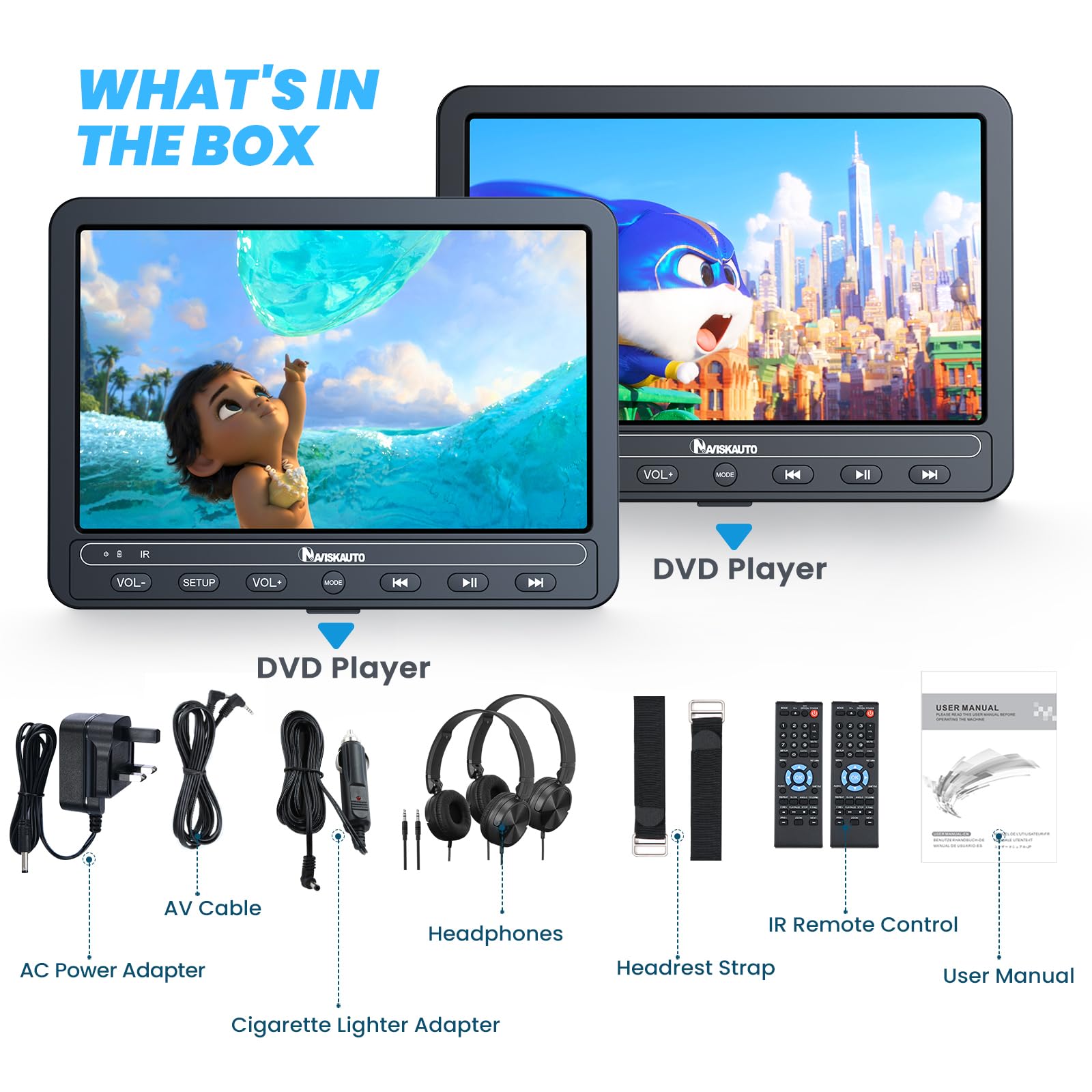 NAVISKAUTO 10,5 Zoll DVD Player Auto 2 Monitore Mit Eingebauter 5000 mAh Akku HDMI IN, Tragbarer DVD-Player Auto Fernseher TV Rücksitz Für Kinder Unterstützt USB/SD-Karte Mit Zwei Kopfhörern