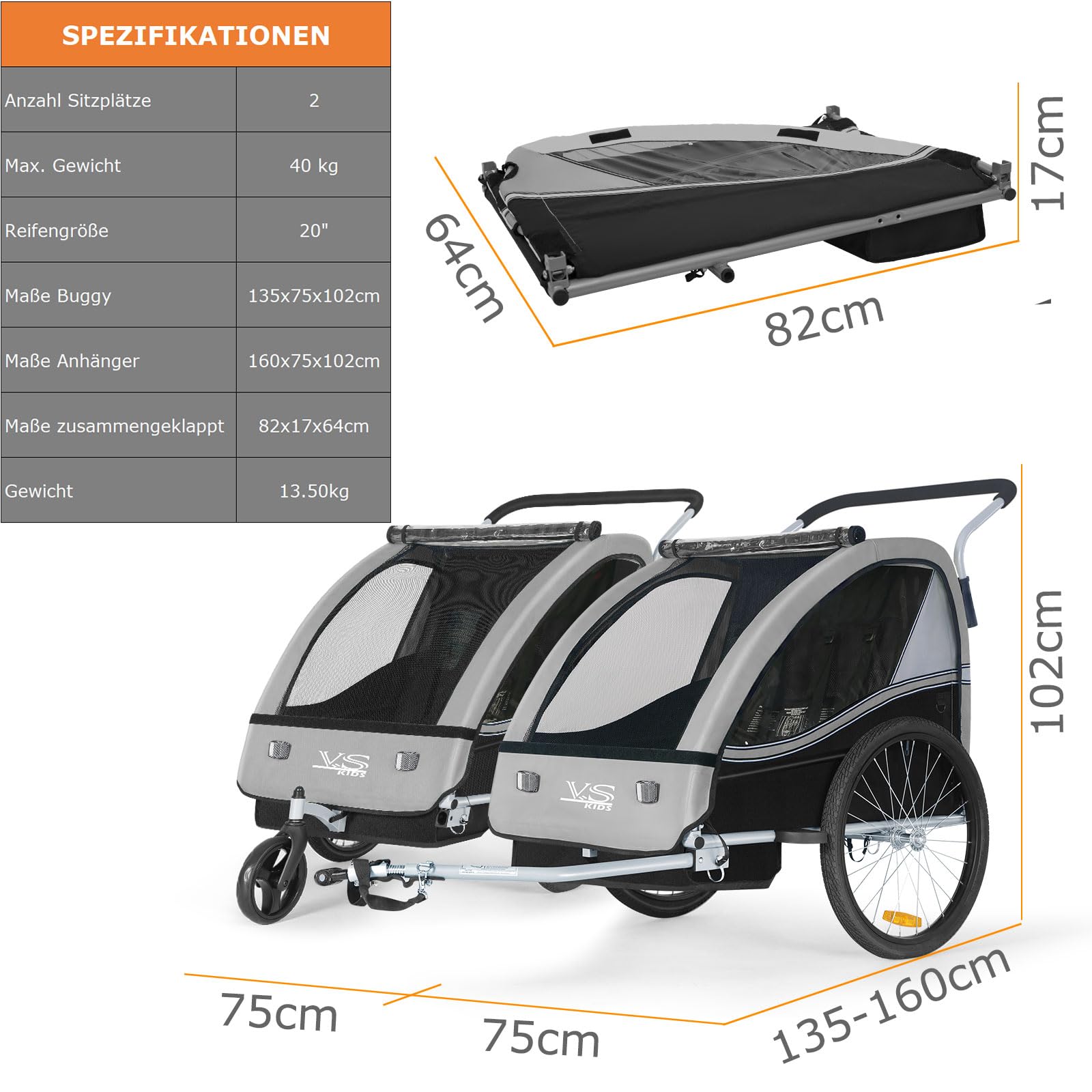 Tiggo VS 2 in 1 Kinderanhänger Fahrradanhänger Anhänger mit Buggy Set Jogger 50202 (Grau)