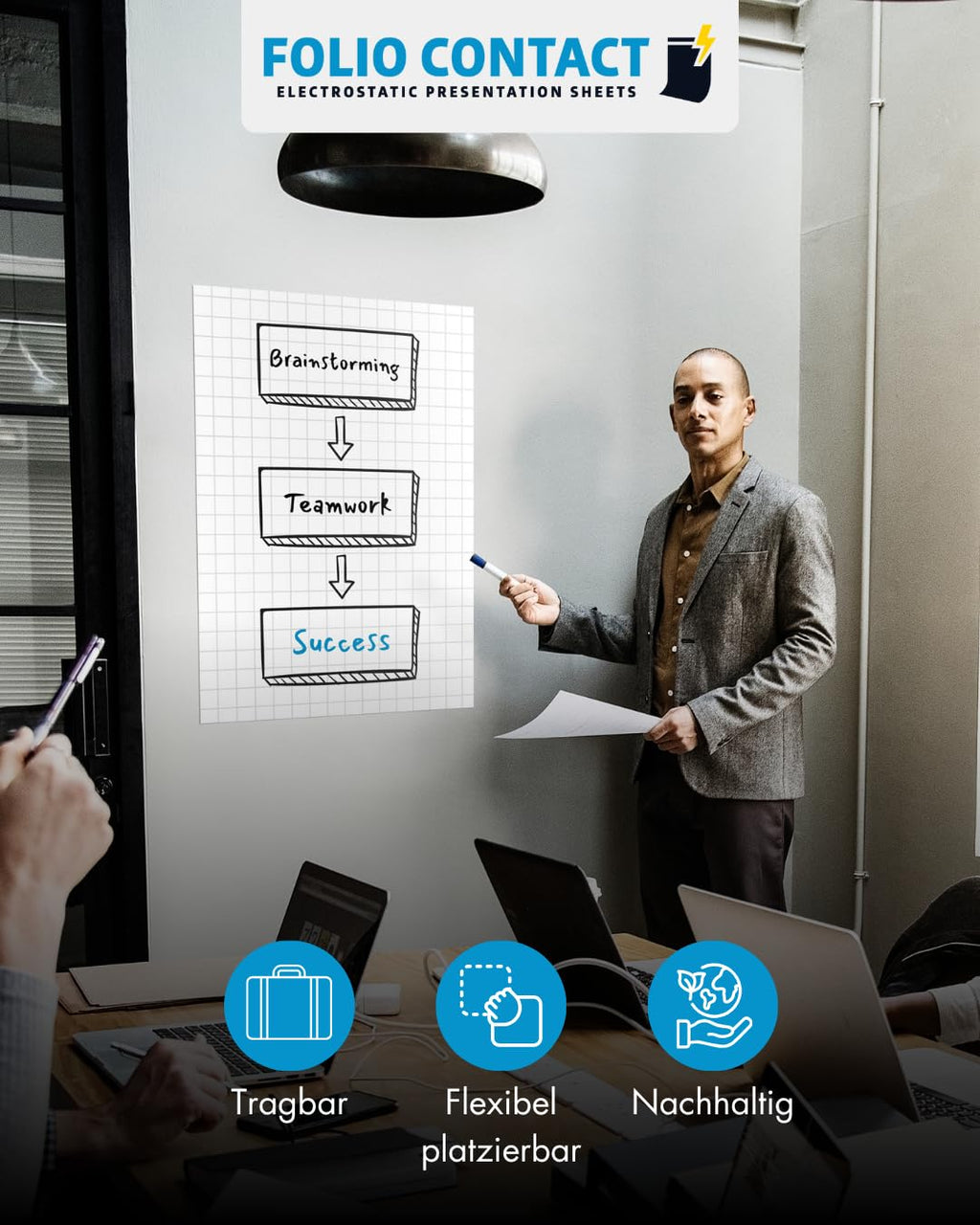 Folio Contact Flipchart Folie – elektrostatisch haftend, kariert, haftet ohne Kleber auf glatten Flächen, repositionierbar – 60 × 80 cm
