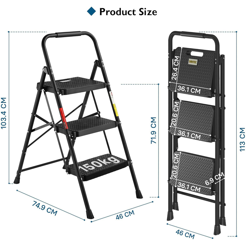 BONTEC Trittleiter 3 Stufen Klappbar, 150kg Kapazität mit Breiten Anti-Rutsch-Pedalen, Faltbarer Stahl-Tritthocker, Schwamm-Lenker, Zuhause, Speisekammer, Innen- und Außenbereich, Schwarz
