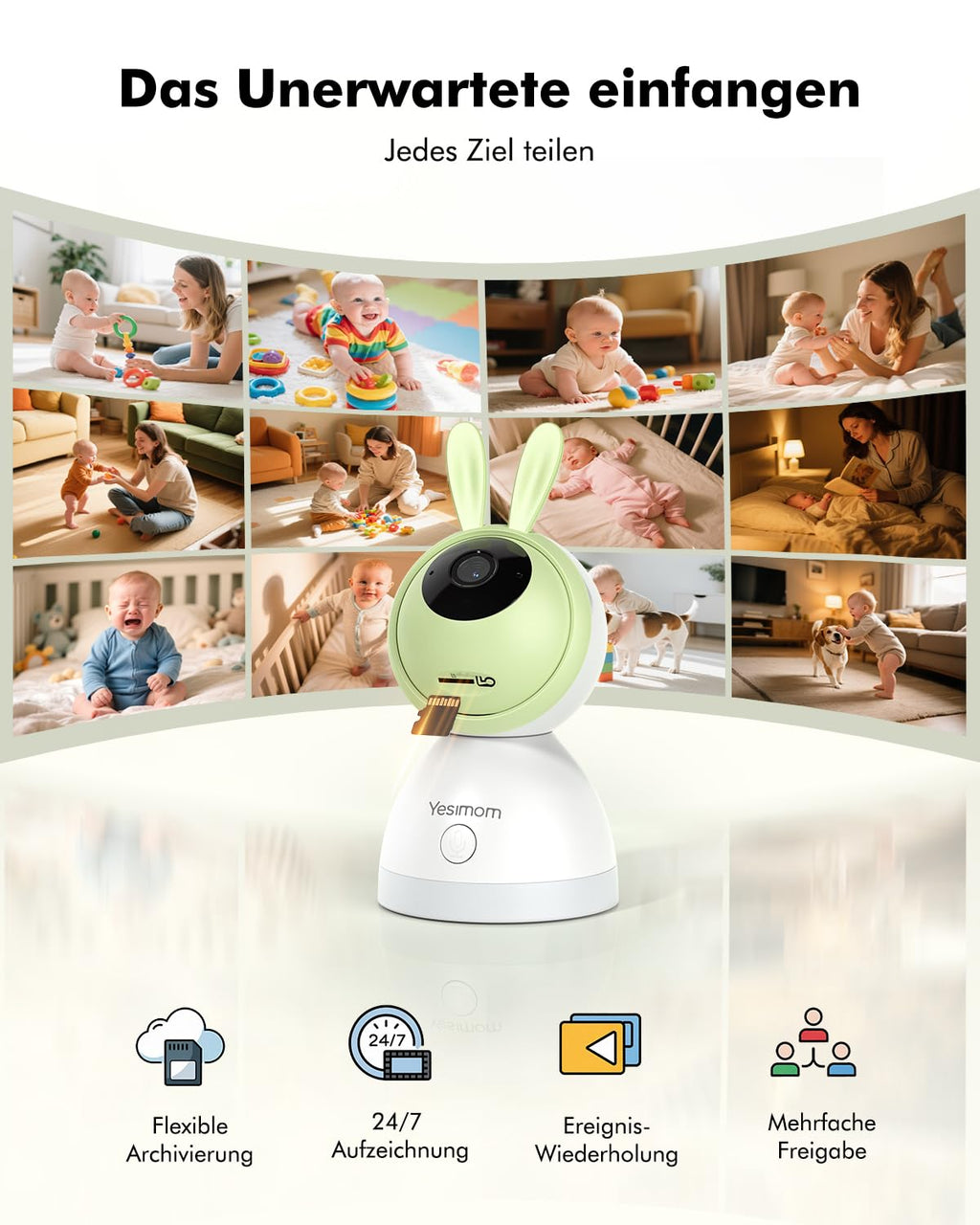 YESIMOM Babyphone mit Kamera 1080P HD PTZ 360°, 4.3" WLAN Baby Monitor mit App, IR Nachtsicht, 4X Zoom, Video Babyfon mit Bewegungs-/Geräuscherkennung, 2-Wege-Audio, Auto-Tracking, Bereichsalarme