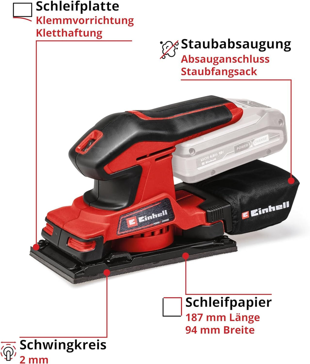 Einhell Akku-Schwingschleifer TC-OS 18/187 Li Solo Power X-Change (Lithium-Ionen, Micro-Klett, Griffflächen mit Softgrip, inkl. 1x Schleifpapier, ohne Akku und Ladegerät)