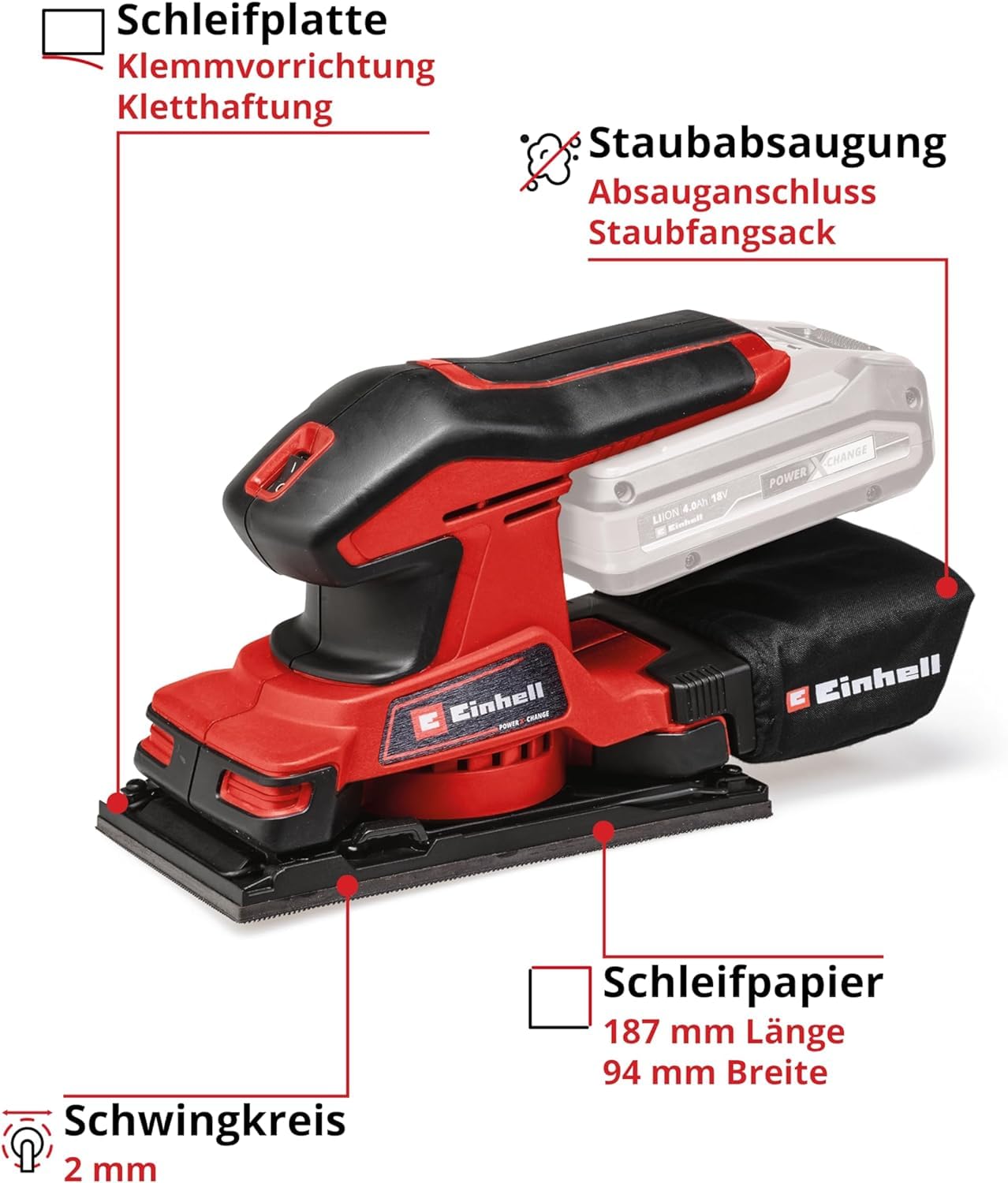 Einhell Akku-Schwingschleifer TC-OS 18/187 Li Solo Power X-Change (Lithium-Ionen, Micro-Klett, Griffflächen mit Softgrip, inkl. 1x Schleifpapier, ohne Akku und Ladegerät)