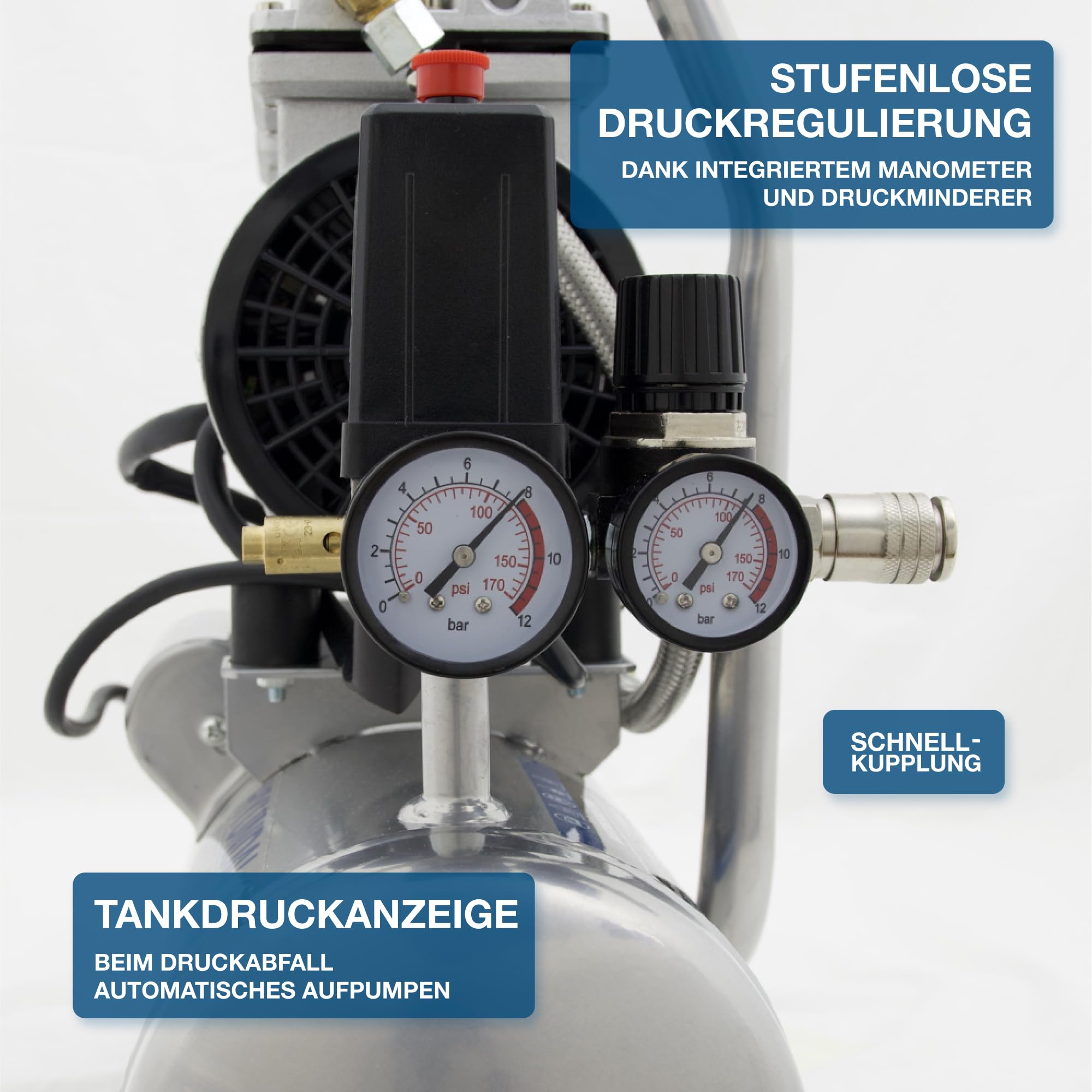 HYUNDAI Silent Kompressor SAC55751 | 6L Kessel, 8bar, ölfrei | 0.55kW / 0.75PS | Ansaugleistung 93 L/Min | klein, kompakt, tragbar | 59dB Luftkompressor leise, Flüster-Kompressor | mit Zubehör