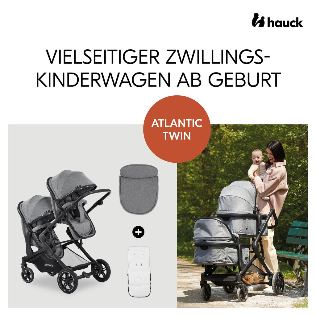 hauck Atlantic Twin, Melange Grey - Zwillingskinderwagen ab Geburt bis 15 kg je Kind - 2 Babywannen Umbaubar zu Drehbare Sportsitze mit Liegeposition - Faltbar - Höhenverstellbar - Gummi Räder