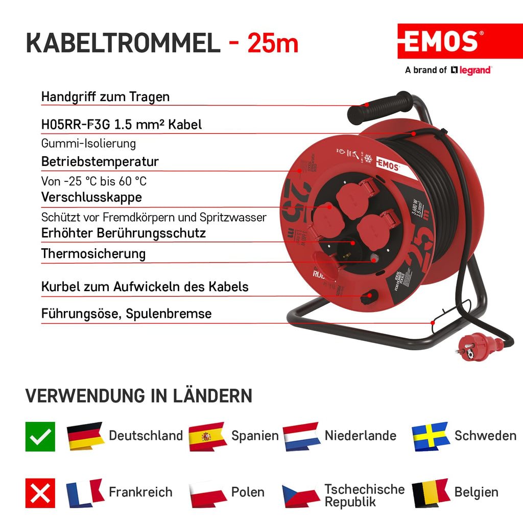EMOS - Kabeltrommel 25m - 4 Schuko-Steckdosen - wasserdicht, schlagfest, hitze- & kältebeständig - 230V, 16A, 3680W - Gummi-Isolierung - H05RR-F3G 1,5 mm2 - IP44 für Außenbereich