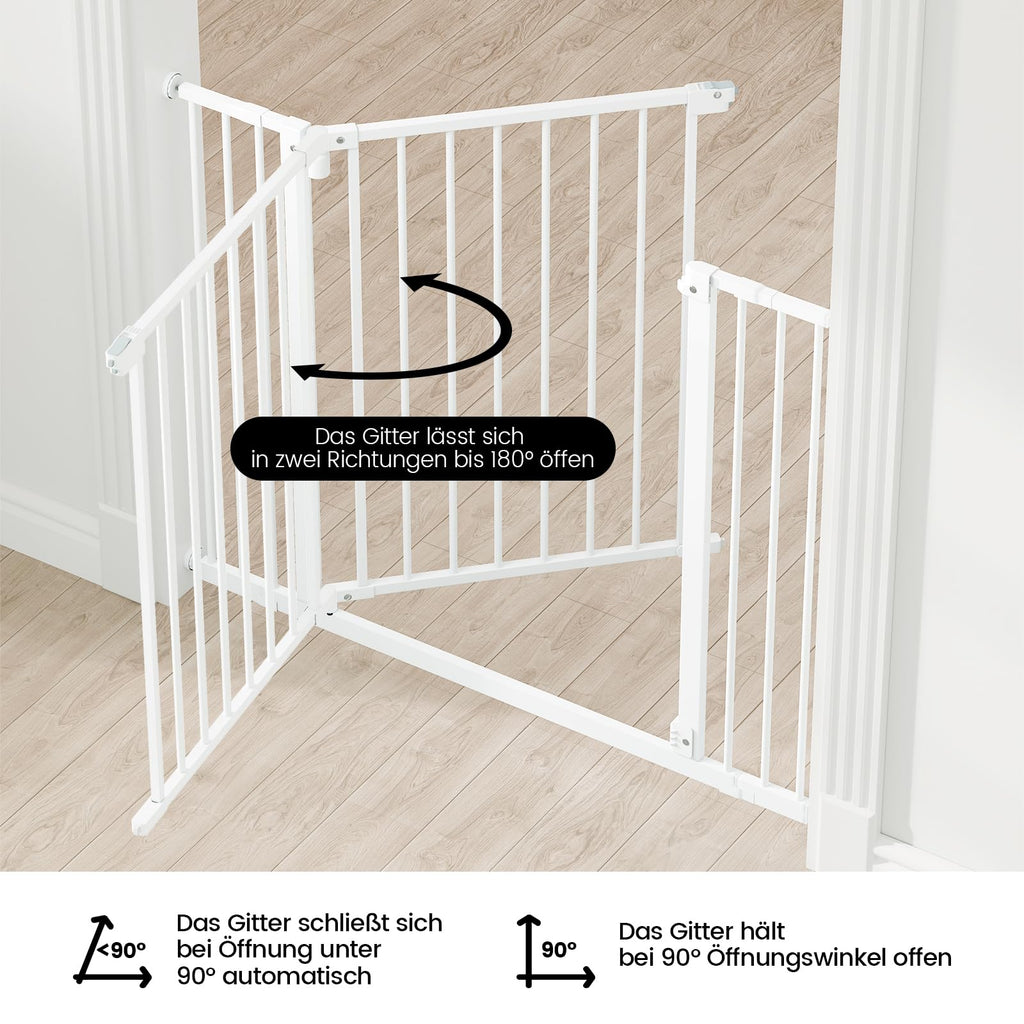 WOLTU Treppenschutzgitter 75–87 cm, Türschutzgitter aus Metall, mit/ohne Bohren, Auto-Close, 90°-Stopp, beidseitig schwenkbar, 2 Riegel, einhändig zu öffnen,Weiß