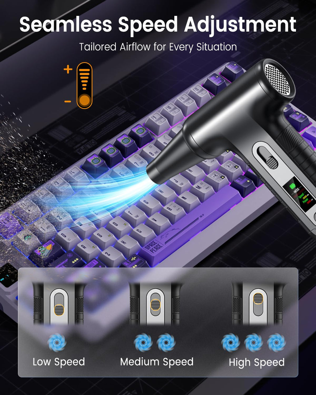 Elektrische Staubgebläse mit HD-Display - Electric Air Duster 200000 RPM mit LED-Licht, Mini-Gebläse mit Akku, Druckluftspray PC Reinigung, Luftgebläse für Tastatur, Haus, Outdoor, Auto, W06, Schwarz