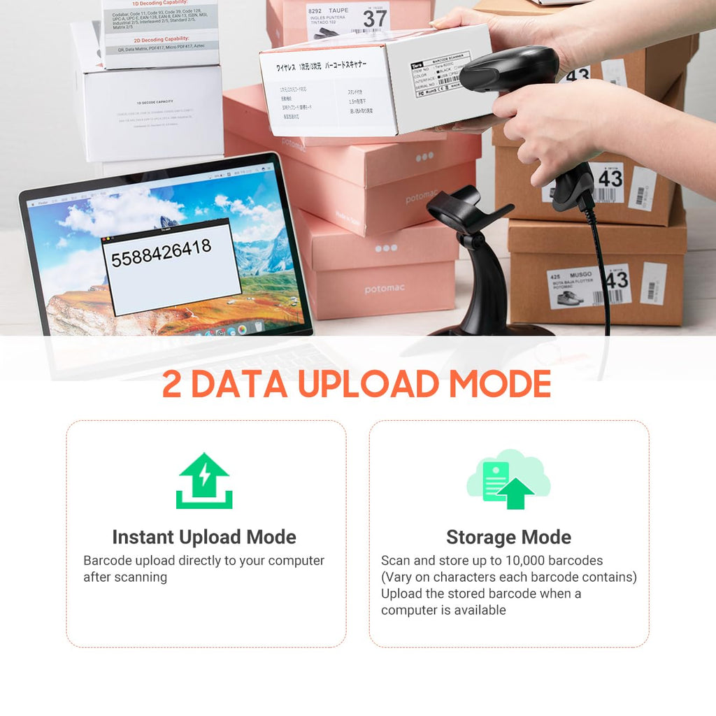 Tera Pro kabelloser 2D-Barcode-Scanner, Bluetooth, QR-Code-Leser mit Ständer, 2.200 mAh, schnelles und präzises Scannen, HW0002