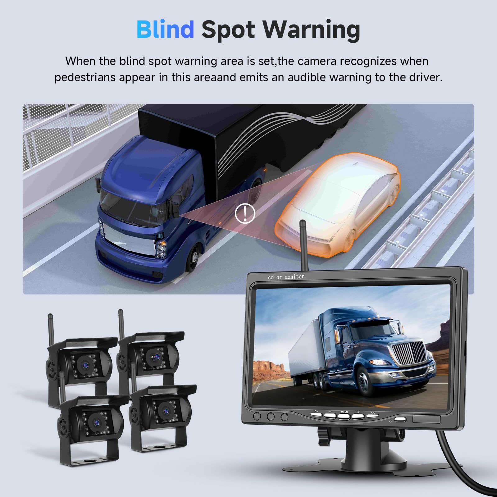 1080P HD Kabelloses Vier-Rückfahrkamera-Kit, 7-Zoll-LCD-Monitor mit 4 Rückfahrkameras für Anhänger, Wohnmobil, Camper, LKW, Auto, Bus, DIY-Führungslinien, IP68 wasserdicht, Nachtsicht, BSD, 12 V-36 V