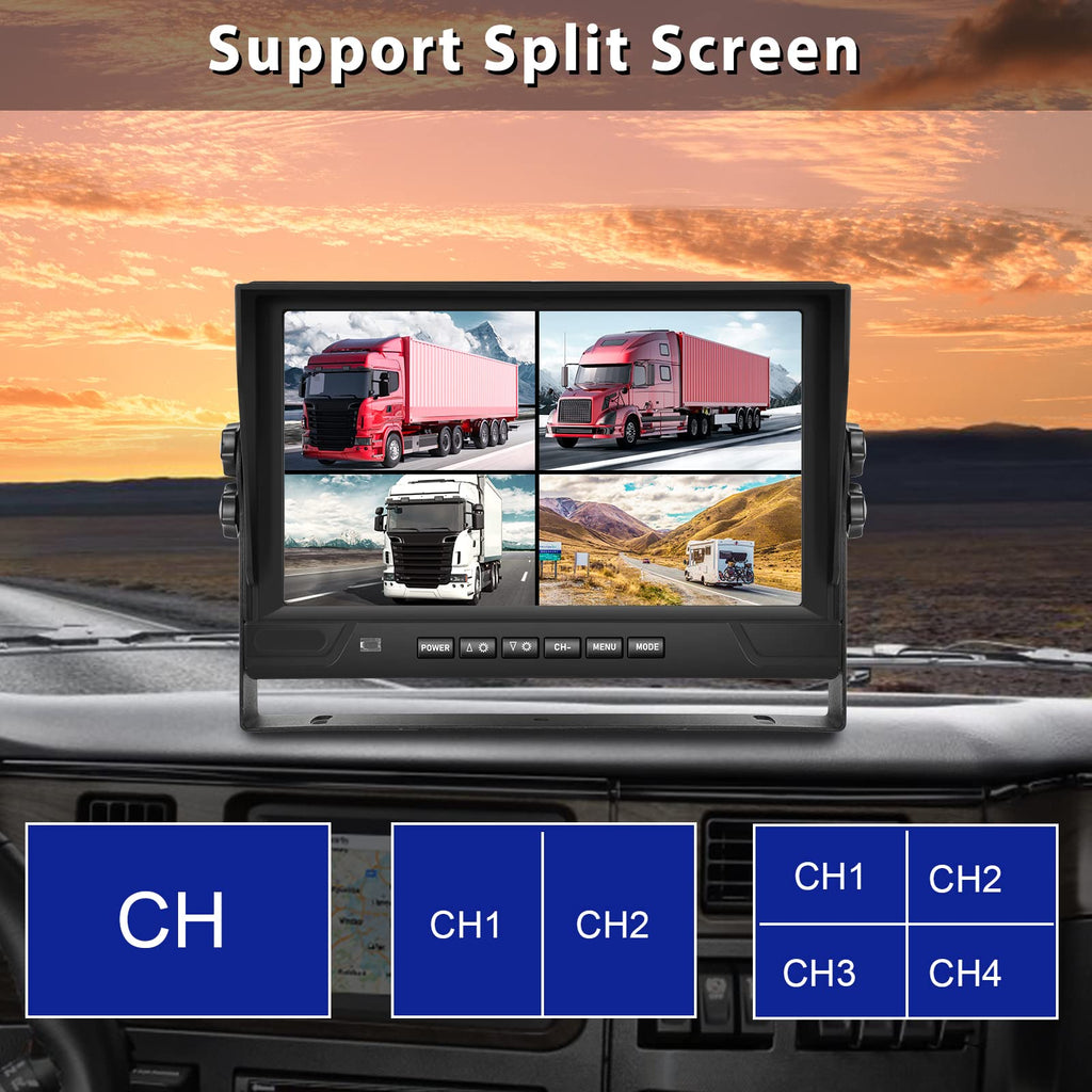 Hodozzy 1080P Rückfahrkamera 4 Kameras mit 9 Zoll DVR 4 Geteilte Monitor, 4 AHD Kameras IP68 Wasserdicht Nachtsicht, Vorder Seite Rück Kamera mit Kabel 2*10m+2*20m, für LKW Anhänger Wohnmobil Bus Van
