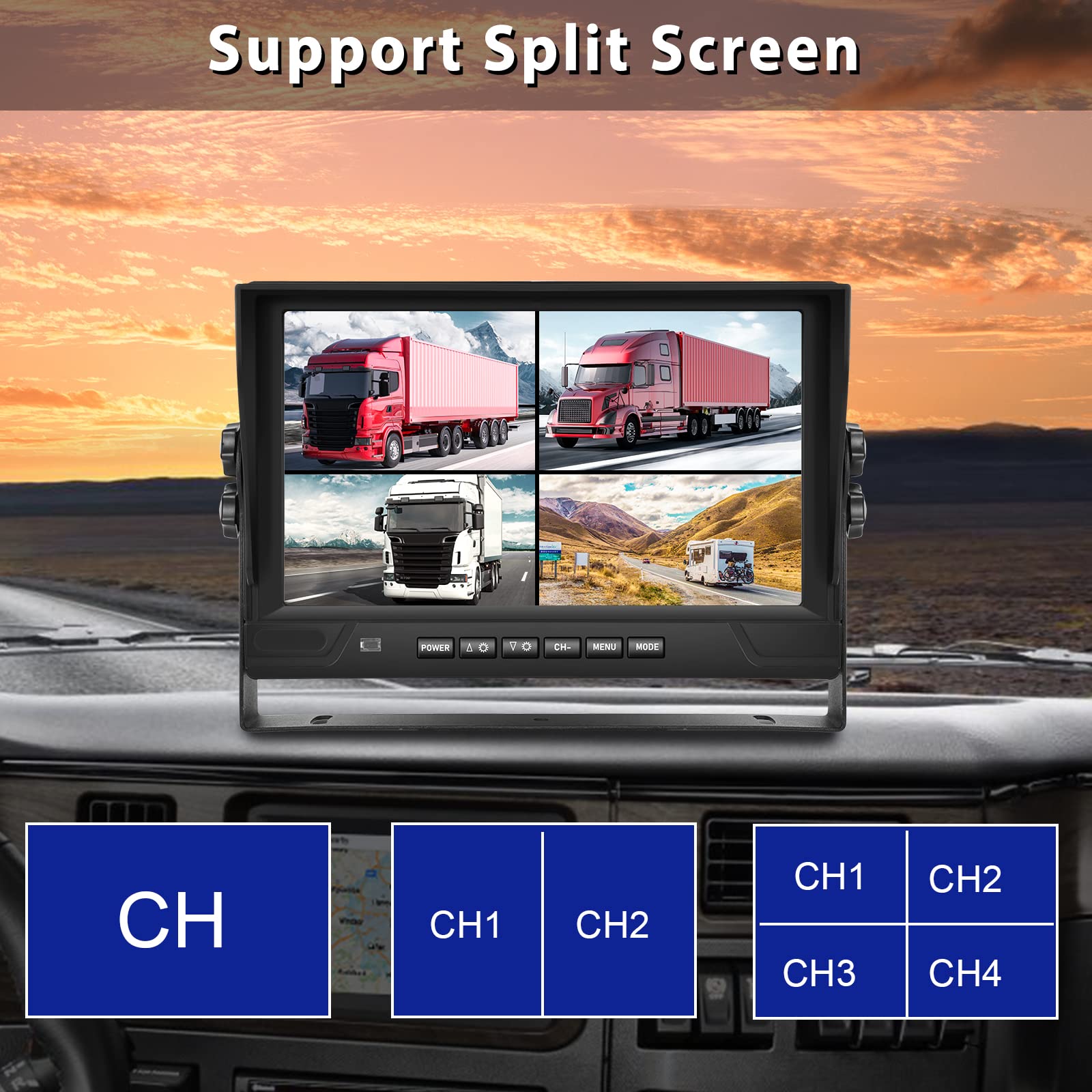 Hodozzy 1080P Rückfahrkamera 4 Kameras mit 9 Zoll DVR 4 Geteilte Monitor, 4 AHD Kameras IP68 Wasserdicht Nachtsicht, Vorder Seite Rück Kamera mit Kabel 2*10m+2*20m, für LKW Anhänger Wohnmobil Bus Van
