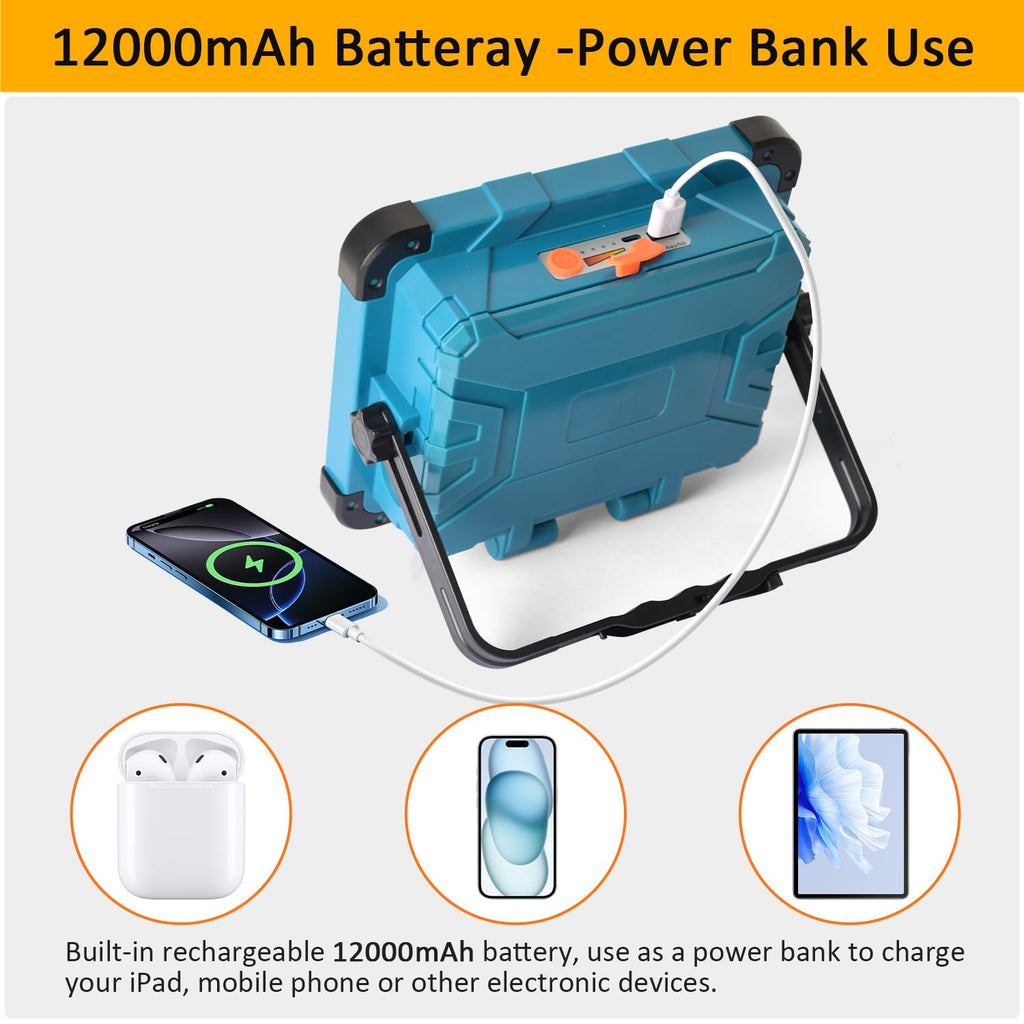 Eraylife LED Baustrahler Akku 100W mit Doppeltem Solarpanel, Tragbare LED Strahler Akku 12000mAh, 5 Modi/ 288 LEDs/ IP66/ Abstimmbar Arbeitsleuchte für Notfälle, Baustelle, Garage, Camping