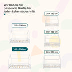 [en.casa] Kinderbett Sisimiut Hausbett Montessori 140 x 200 cm mit Rausfallschutz Holzbett für Kinder Bodenbett Lattenrost Kiefernholz Weiß matt