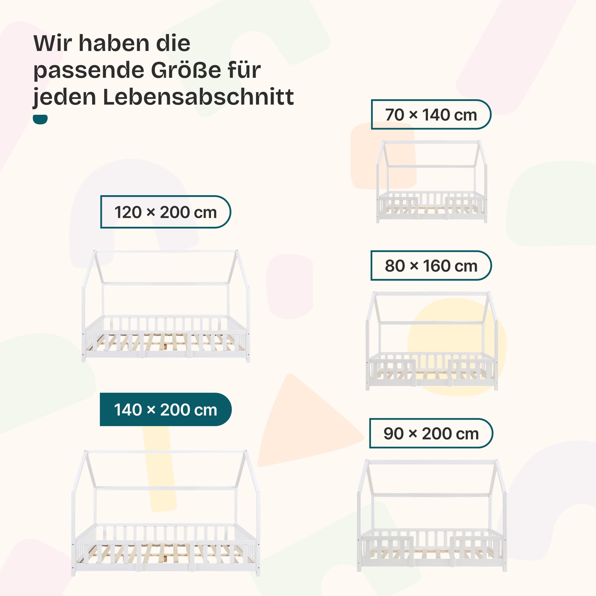 [en.casa] Kinderbett Sisimiut Hausbett Montessori 140 x 200 cm mit Rausfallschutz Holzbett für Kinder Bodenbett Lattenrost Kiefernholz Weiß matt
