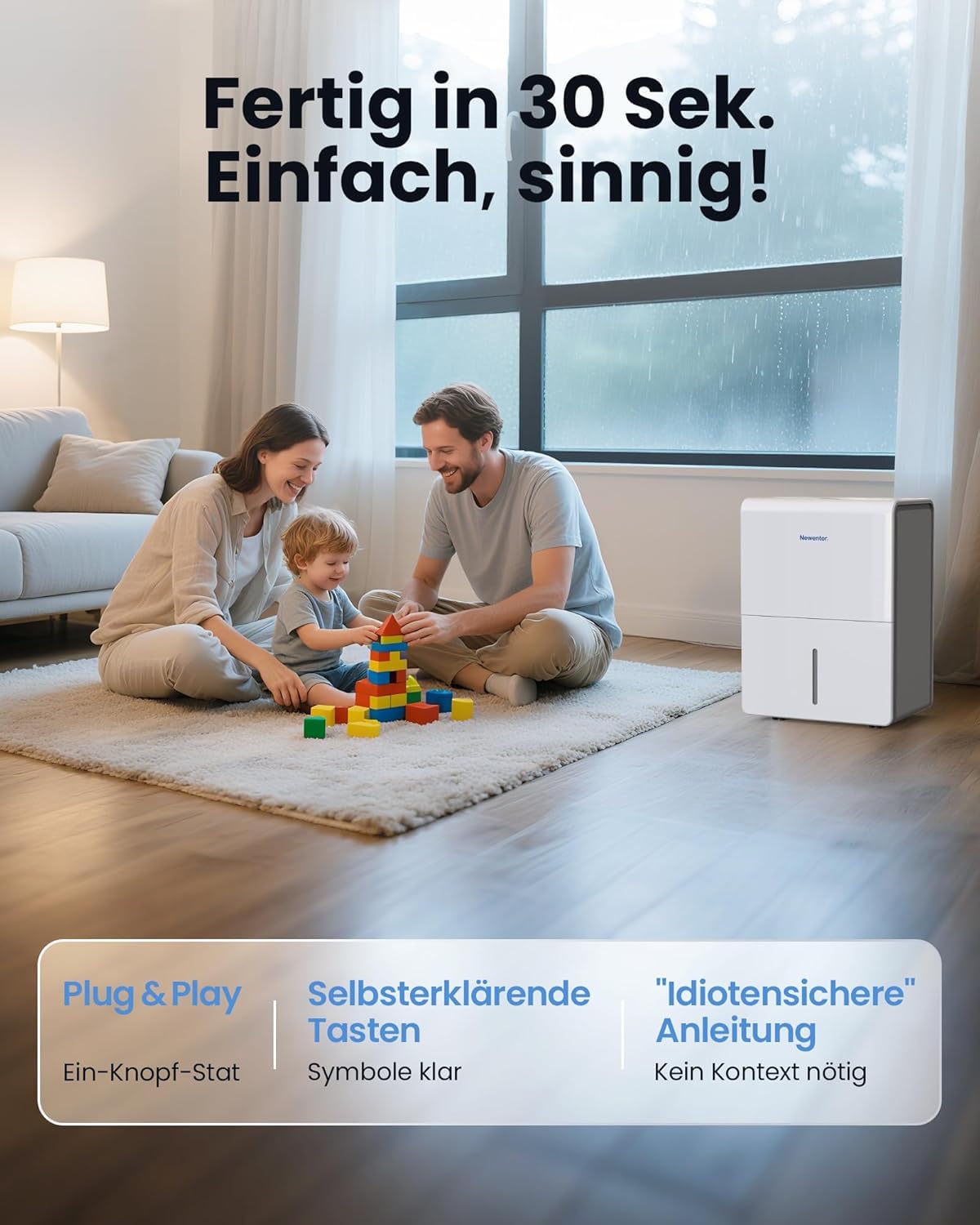 Newentor Luftentfeuchter elektrisch 25L, Entfeuchter elektrisch keller, Raumentfeuchter elektrisch, Dehumidifiers for home für 215m³/80m², mit Timer, Filter, Ablaufschlauch, 10 J. Gar.