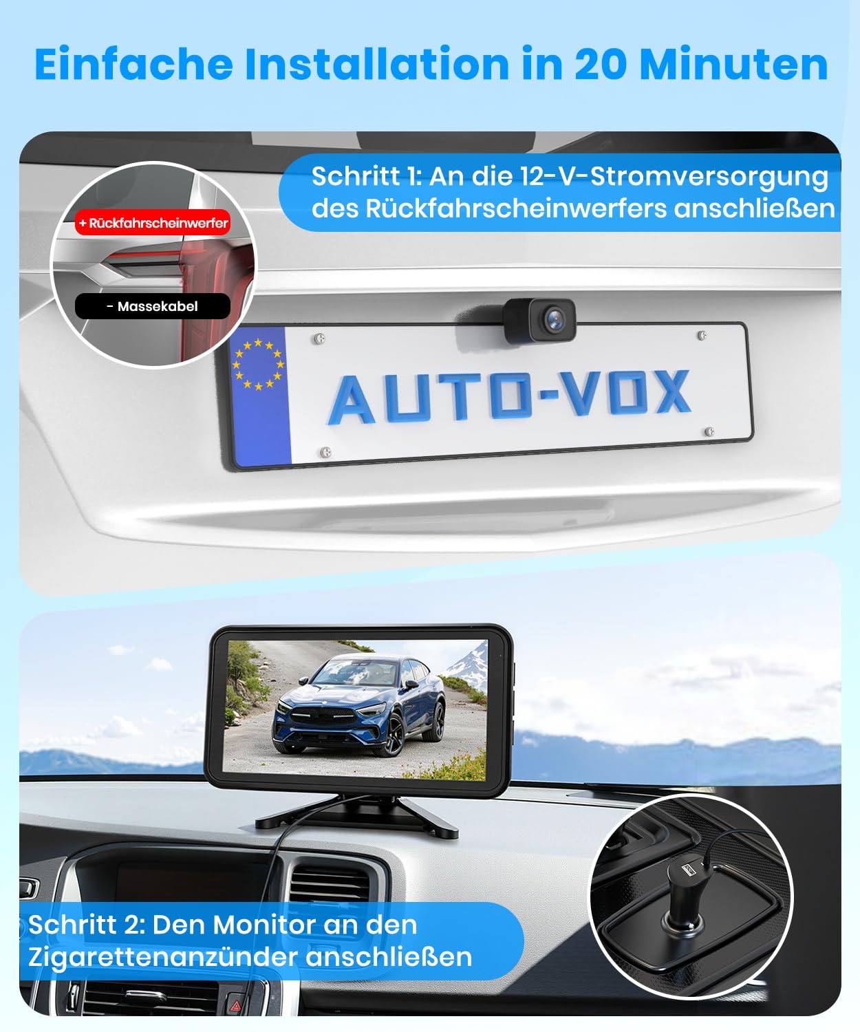 AUTO-VOX Rückfahrkamera kabellos: 5" 1080P Monitor,Dual-Channel,30 Min. Einbau,Stabile Digitale Funkübertragung,IP69K Wasserdicht & Nachtsicht,für SUV, LKW, PKW, Pickup,Anhänger