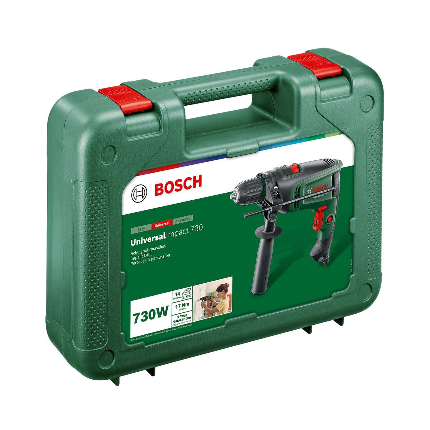 Bosch Schlagbohrmaschine UniversalImpact 730 (Präzisionsbohren in Mauerwerk, Holz und Stahl; 730-Watt-Motor; im Koffer)