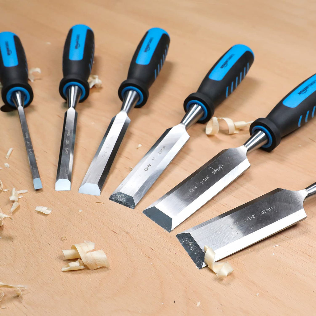 Amazon Basics Holzbearbeitungs-, Holzmeißel-Set zum Schnitzen mit Schleifführung, Schleifstein und Aufbewahrungskoffer, 1/4" - 1-1/2", 8-teilig