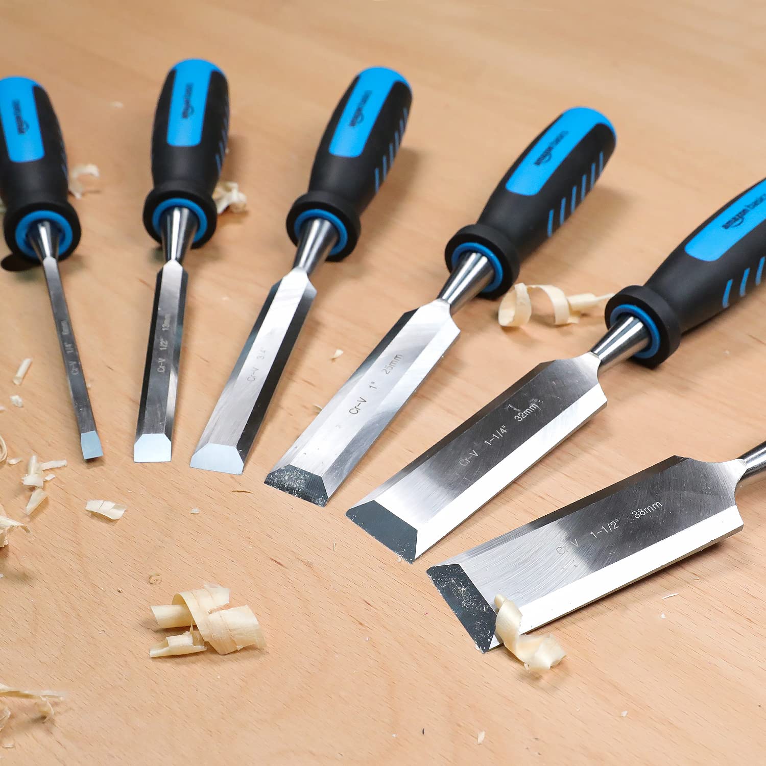 Amazon Basics Holzbearbeitungs-, Holzmeißel-Set zum Schnitzen mit Schleifführung, Schleifstein und Aufbewahrungskoffer, 1/4" - 1-1/2", 8-teilig