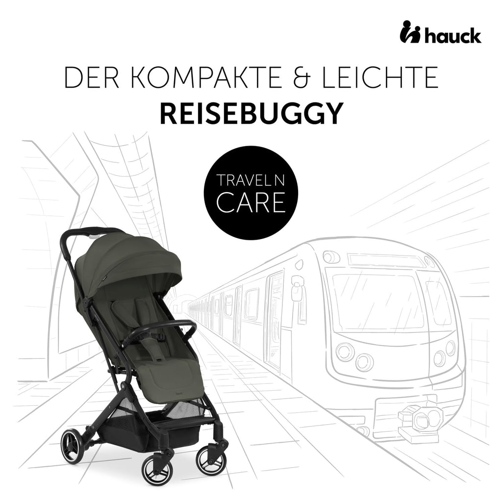 hauck Travel N Care, Dark Olive - Reise Buggy für Kinder ab Geburt bis 22 kg - mit Liegefunktion - Leicht 6,9 kg & Kompakt - Klein Zusammenklappbar - UPF 50+ - EVA Räder - Korb bis 3 kg
