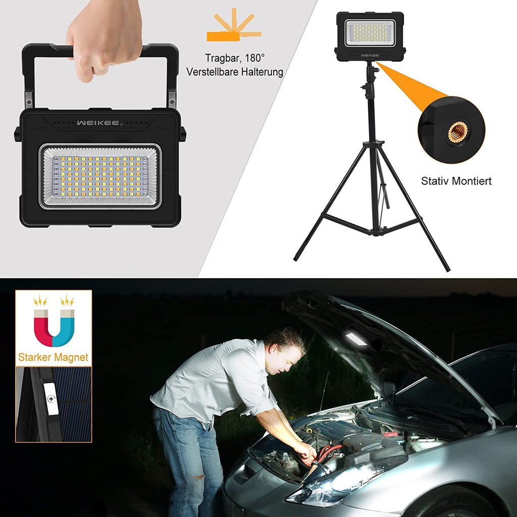 MEIKEE 80W Led Arbeitsleuchte 12000MAH LED Baustrahler Akku Strahler 4 Lichtmodi Campinglampe Tragbar 5 Helligkeiten Solar USB-Aufladung Akku Lampe für Camping, Garage, Bau, Reparatur, Notfall 2PCS