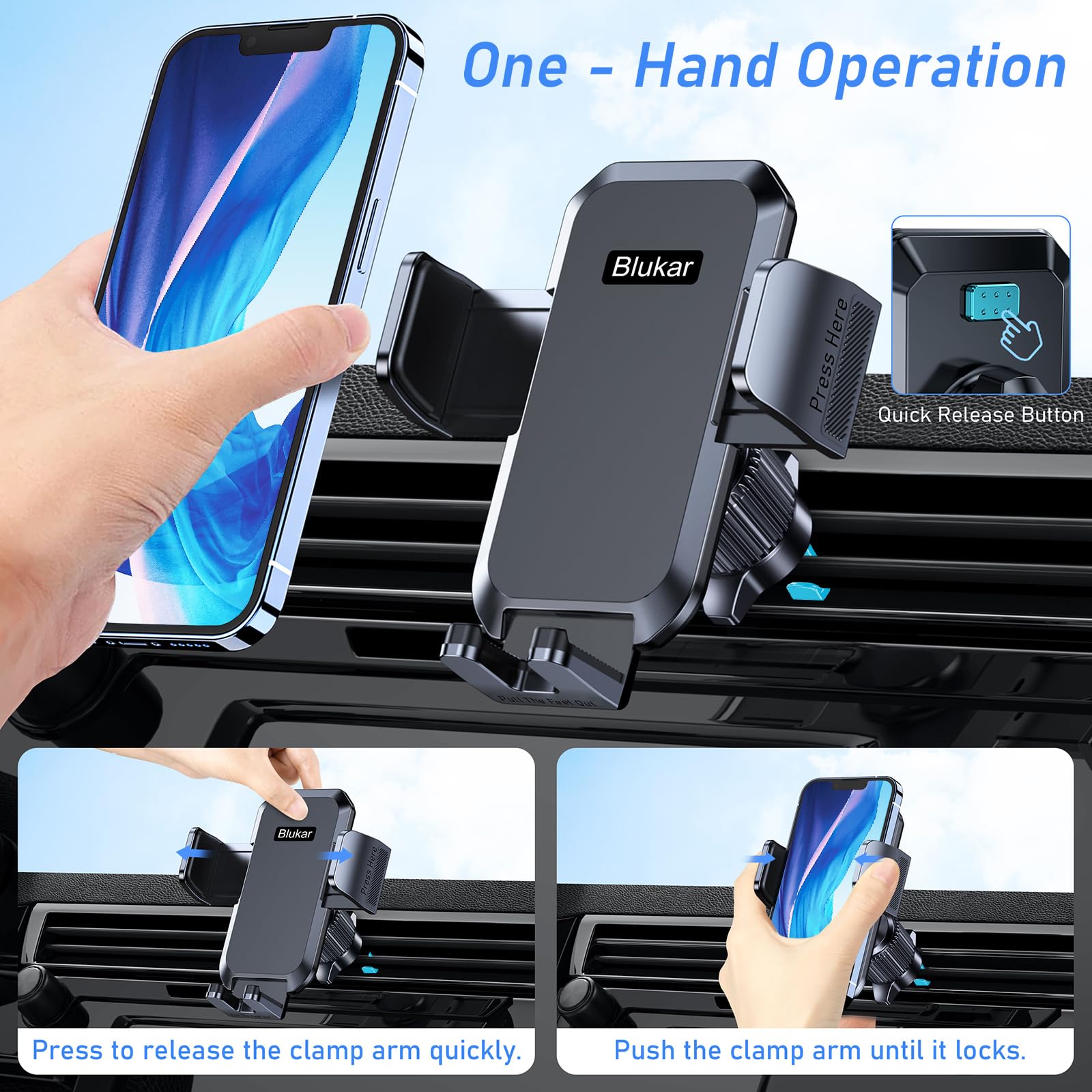 Blukar Handyhalterung Auto, Handyhalter für Autos Lüftung mit Upgraded Stabilere Version & EIN-Knopf-Release, 360° Drehbar KFZ Autohalterung für iPhone, Galaxy und Andere Android Smartphone