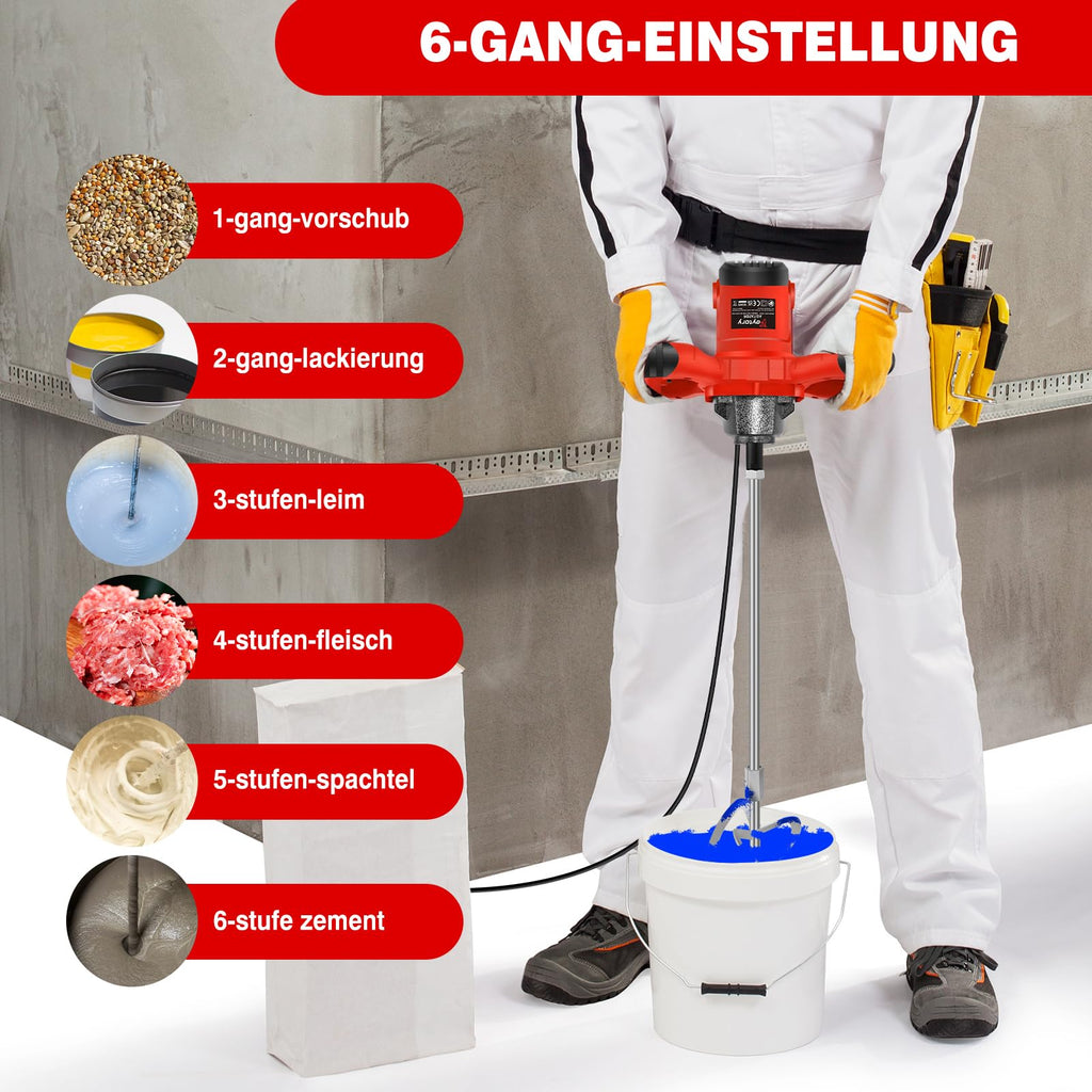 2600W Rot Rührwerk betonrührer, 6-Gang-Getriebe 0-1700U/min, M14 Spiralstange 60 cm, Farb-Mörtelrührer Ø120 mm, Handmischer für Mischgut Beton, Mörtel, Putz, Farbe, Kleber und Zement