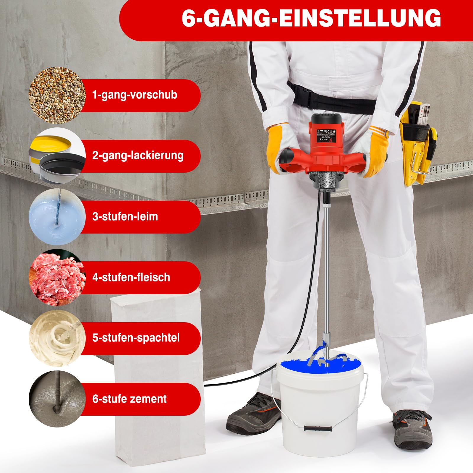 2600W Rot Rührwerk betonrührer, 6-Gang-Getriebe 0-1700U/min, M14 Spiralstange 60 cm, Farb-Mörtelrührer Ø120 mm, Handmischer für Mischgut Beton, Mörtel, Putz, Farbe, Kleber und Zement