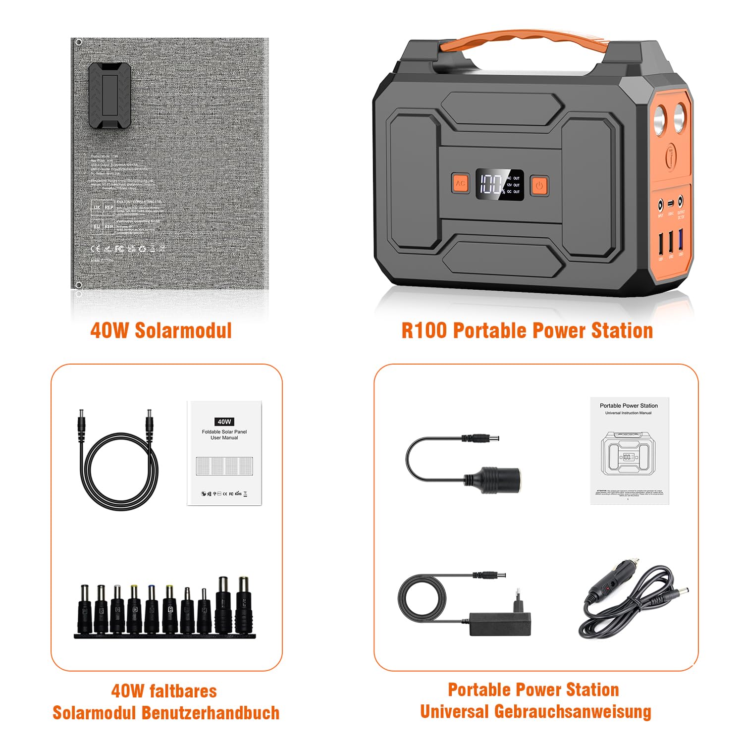Powkey Powerstation mit Solarpanel 99Wh/27000mAh Tragbare Powerstation mit 40W Faltbare Solarpanel 100W Solargenarator mit 230V AC Ausgang/18W USB-A/USB-C für Wohnmobil Camping，schwarz-orange