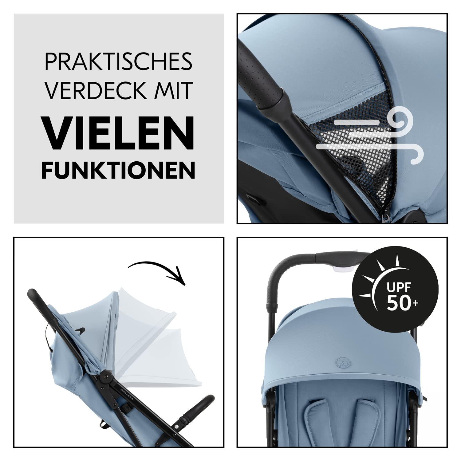 hauck Travel N Care Plus, Dusty Blue - Reisebuggy für Kinder ab Geburt bis 22 kg mit Liegefunktion & Kopfposter - Leicht (7,2 kg) & Einhändig Faltbar - Selbststehend - UPF 50+ & Netzfenster