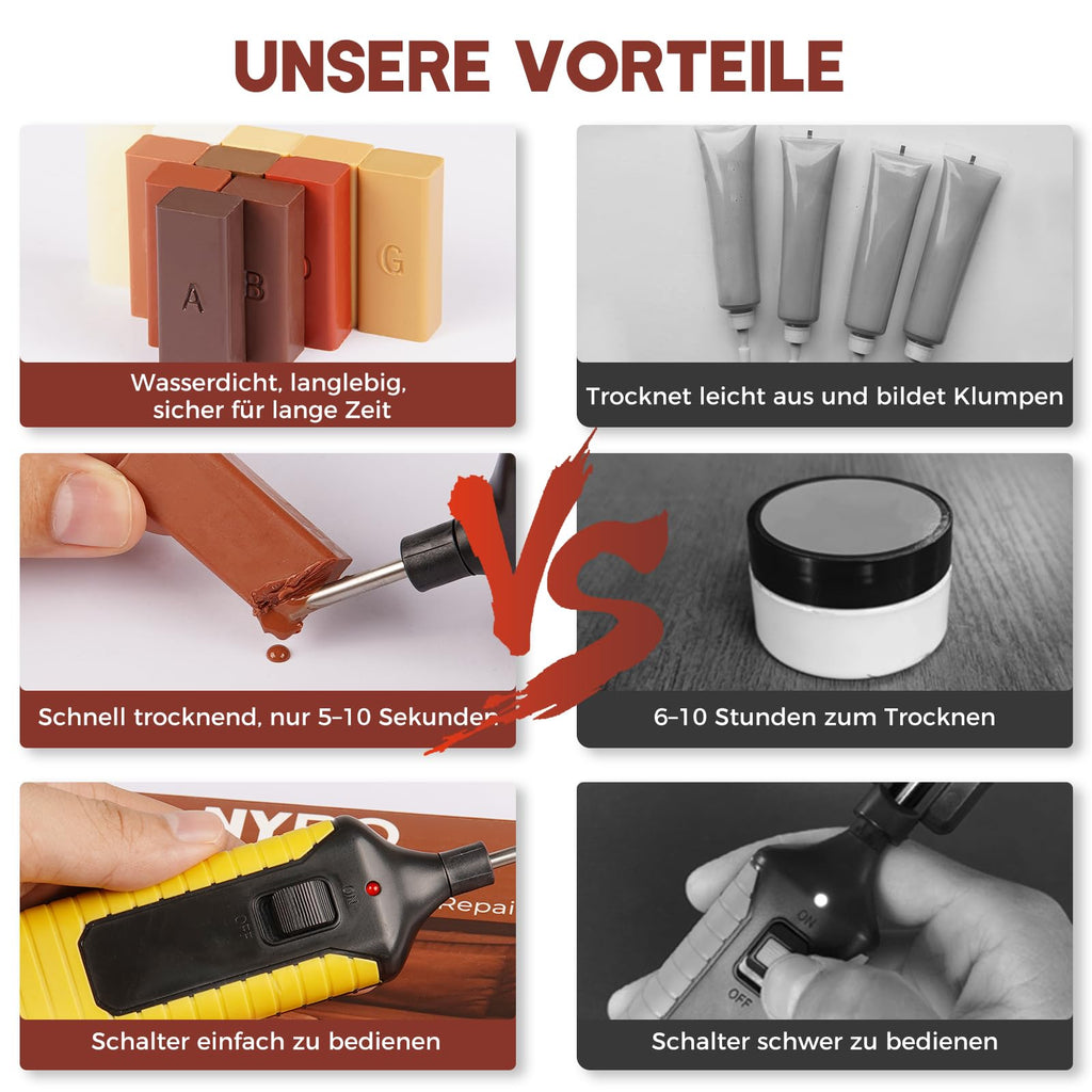 NYBQ Laminat Reparaturset, 24 Stück Holz Parkett Reparaturset Neuem Upgrade-Schmelzwerkzeug, 11 Farben Hartwachs für Holzkitt Vinylboden Holzböden Möbel Arbeitsplattet Reparatur set