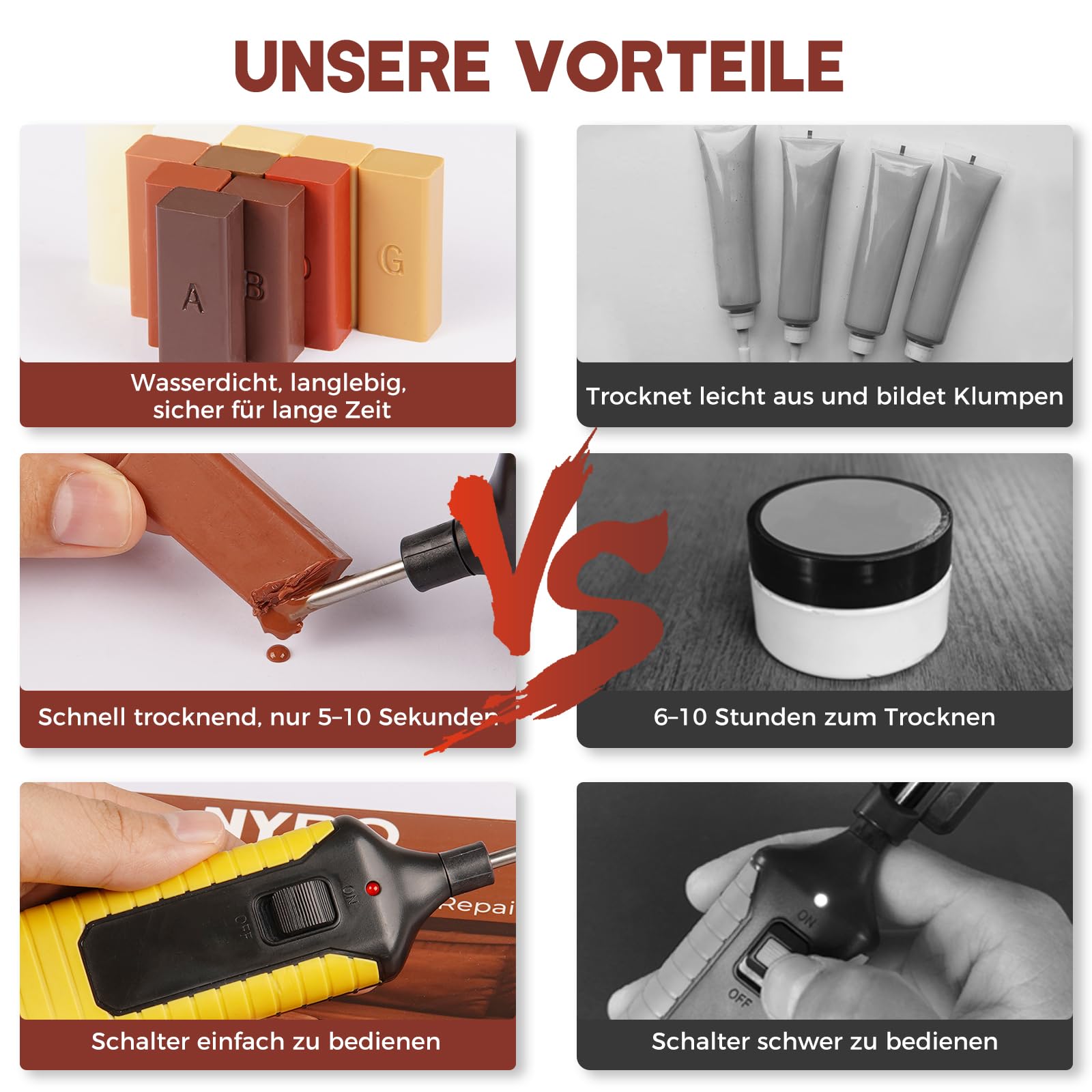 NYBQ Laminat Reparaturset, 24 Stück Holz Parkett Reparaturset Neuem Upgrade-Schmelzwerkzeug, 11 Farben Hartwachs für Holzkitt Vinylboden Holzböden Möbel Arbeitsplattet Reparatur set