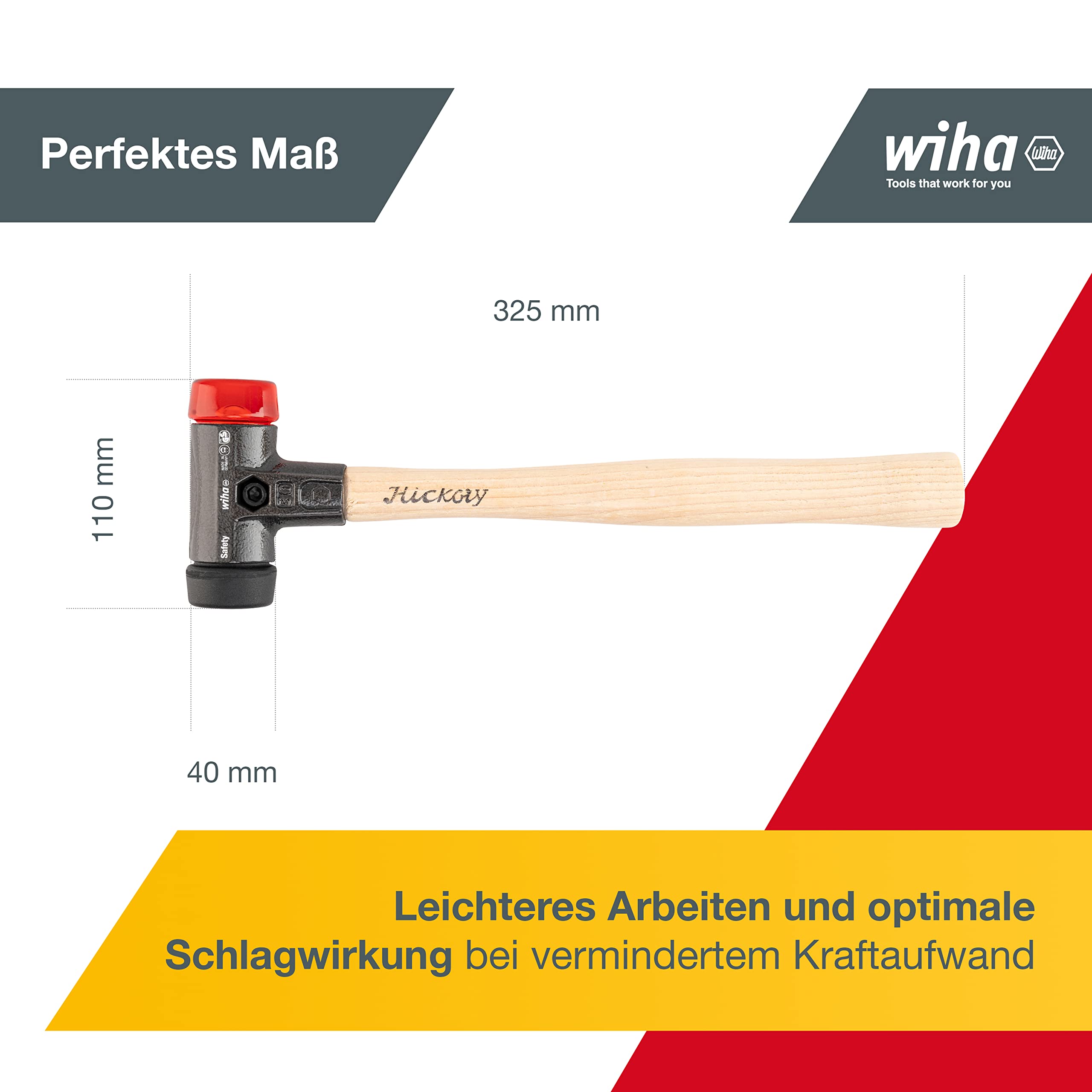 Wiha Schonhammer Safety mittelweich und hart (26612) I Gummihammer mit hochwertigem Hickory Holzstiel I Rund-Schlagkopf 40mm