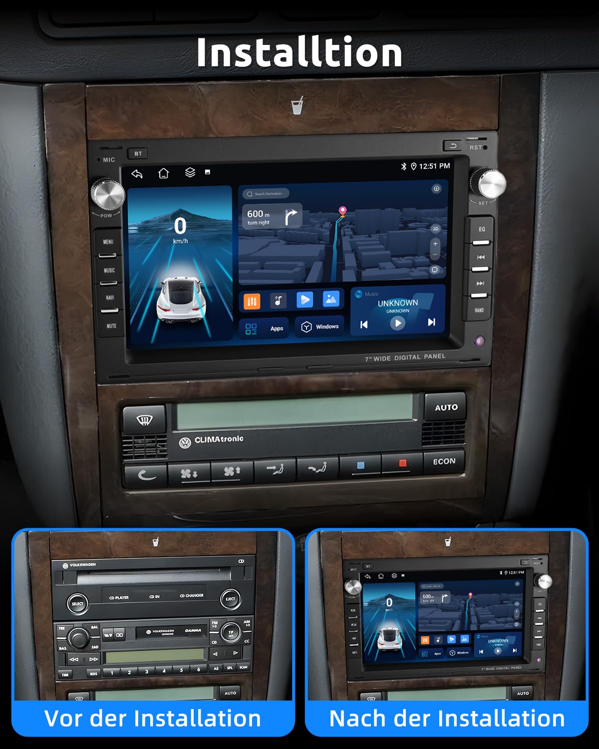 ESSGOO Drahtloses Carplay und Android 2+64G Android 14 Auto Autoradio Für VW VW Polo MK3/4 9N Golf 4 Passat B5 T5 Seat Skoda, 7 Zoll Touchscreen mit Bluetooth FM RDS GPS WiFi