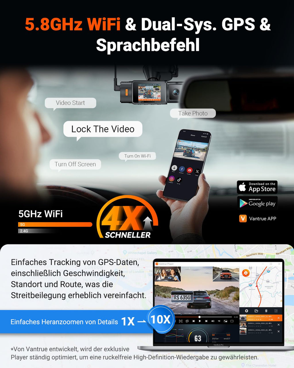 VANTRUE N4S 3 Lens STARVIS 2 Dashcam Auto, 5GHz WiF GPS 1944P+ 1440P+ 2.5K Dash Cam, 3 Channel HDR Nachtsicht Dashcams 10S. Puffer Parkmodus, LTE Optional, Sprachsteuerung, Max 1TB