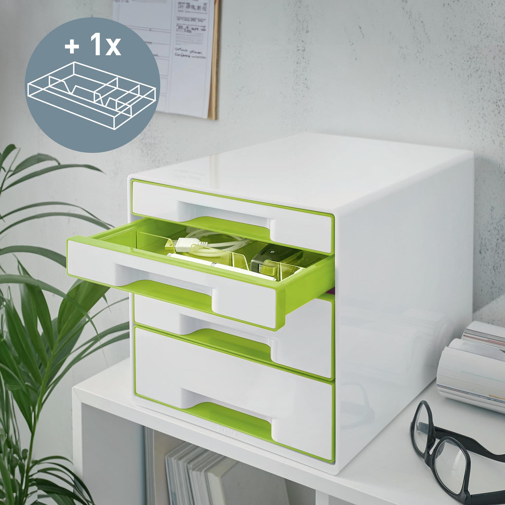 Leitz CUBE Schubladenbox mit 4 Schubladen, Weiß/Grün, A4, Inkl. transparentem Schubladeneinsatz, WOW, 52132054