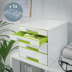 Leitz CUBE Schubladenbox mit 4 Schubladen, Weiß/Grün, A4, Inkl. transparentem Schubladeneinsatz, WOW, 52132054