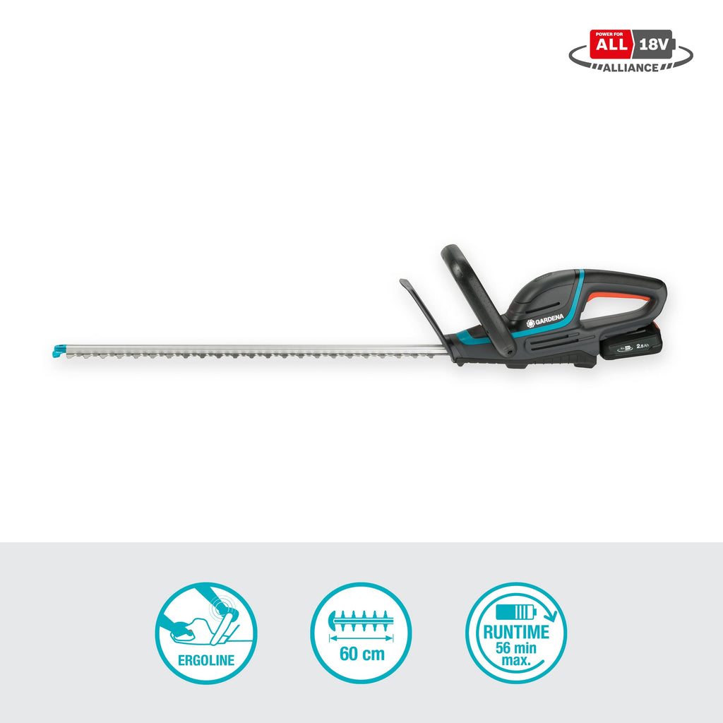 Gardena Akku-Heckenschere ComfortCut 60 18V P4A Ready-to-Use Set: Heckenschneider mit ergonomischem Griff und Anschlagschutz, geringes Gewicht für bessere Handhabung, inkl. 18V P4A Akku (14731-20)