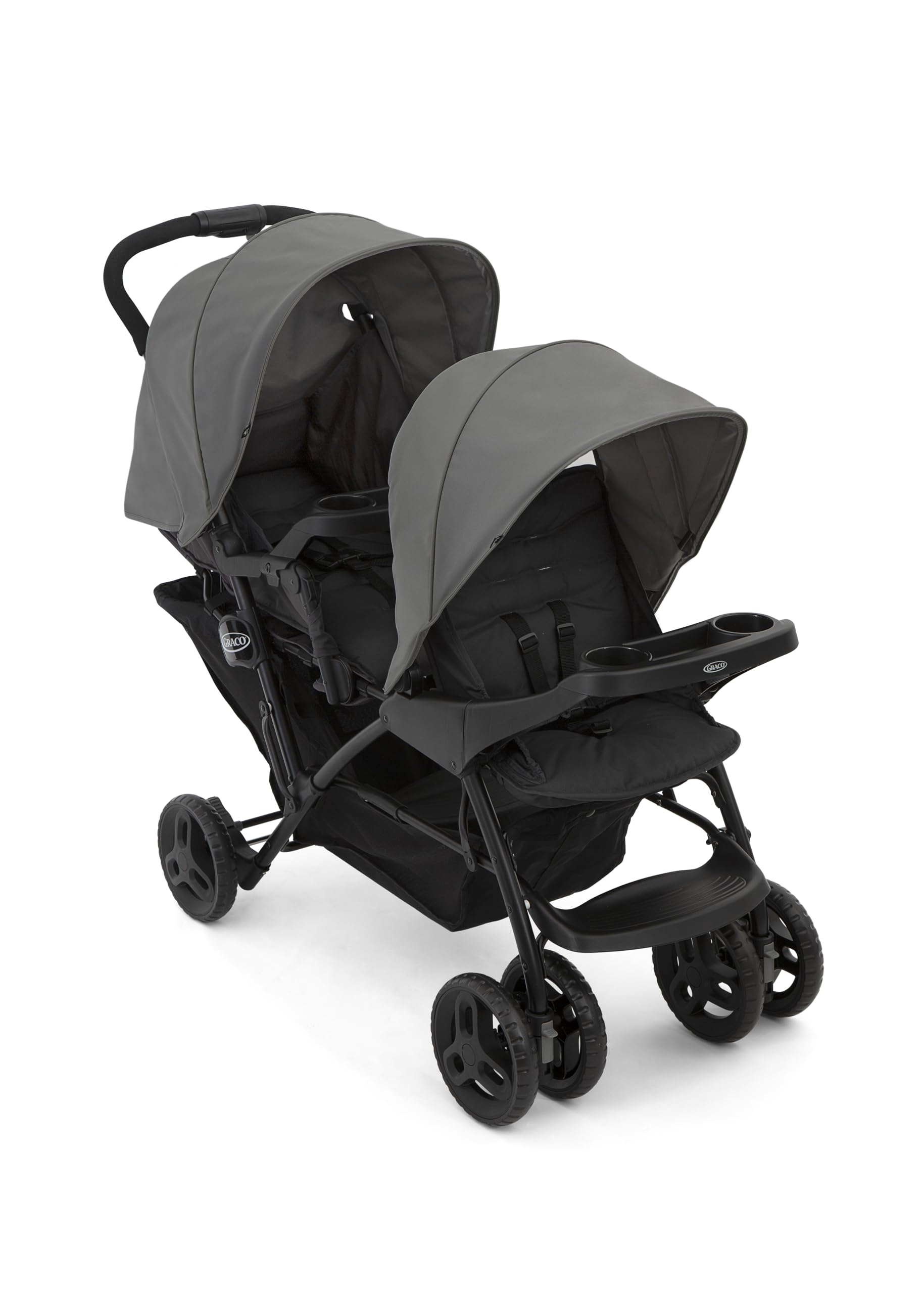 Graco Stadium Duo Geschwisterwagen, Zwillingswagen, 0-15 kg, auch mit Babyschale nutzbar, verstellbare Rückenlehnen, zusammenklappbar, freistehend, großer Staukorb, inkl. Snacktabletts, Titanium