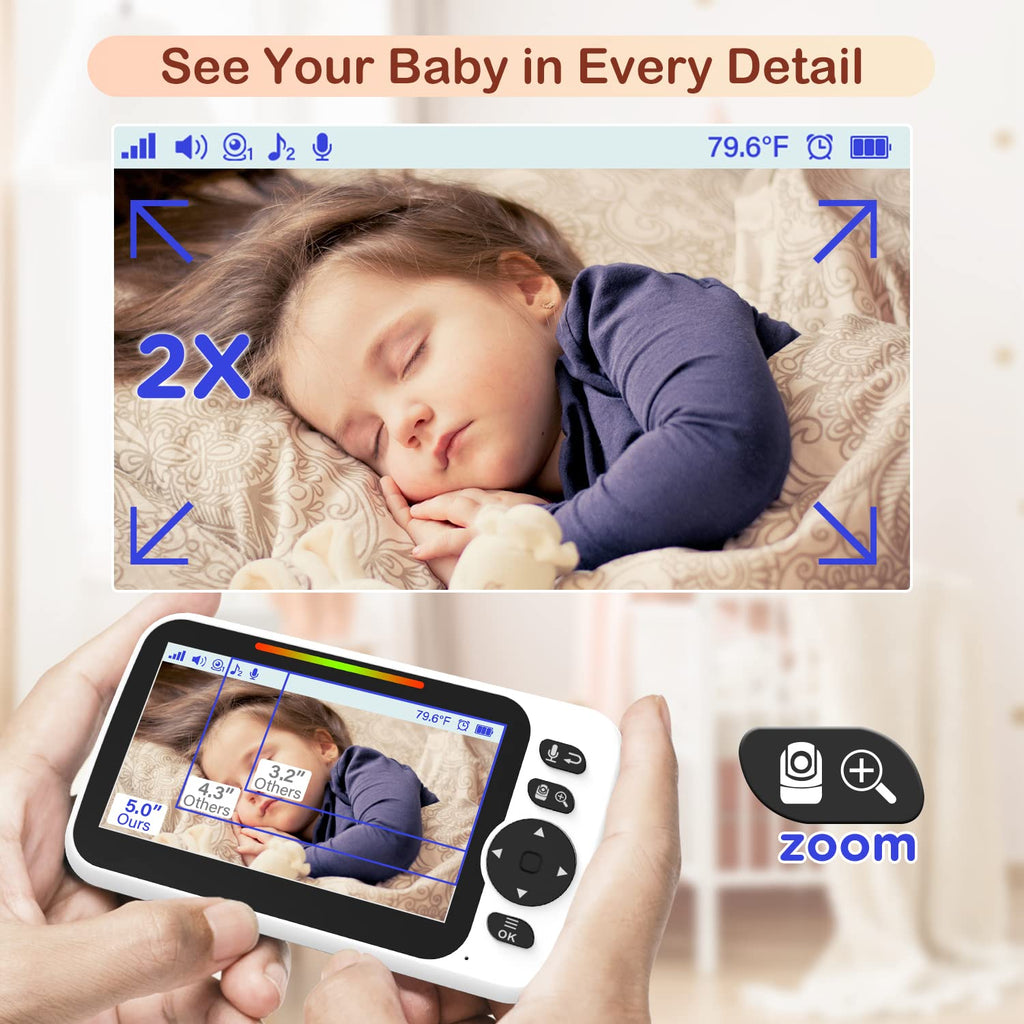 Blemil Babyphone mit Kamera und Audio 30 Stunden wiederaufladbare Batterie, 5" großer Bildschirm, ferngesteuerte Schwenk-/Neige-/Zoom-Kamera, Zwei-Wege-Gespräch, Nachtsicht, kein WiFi