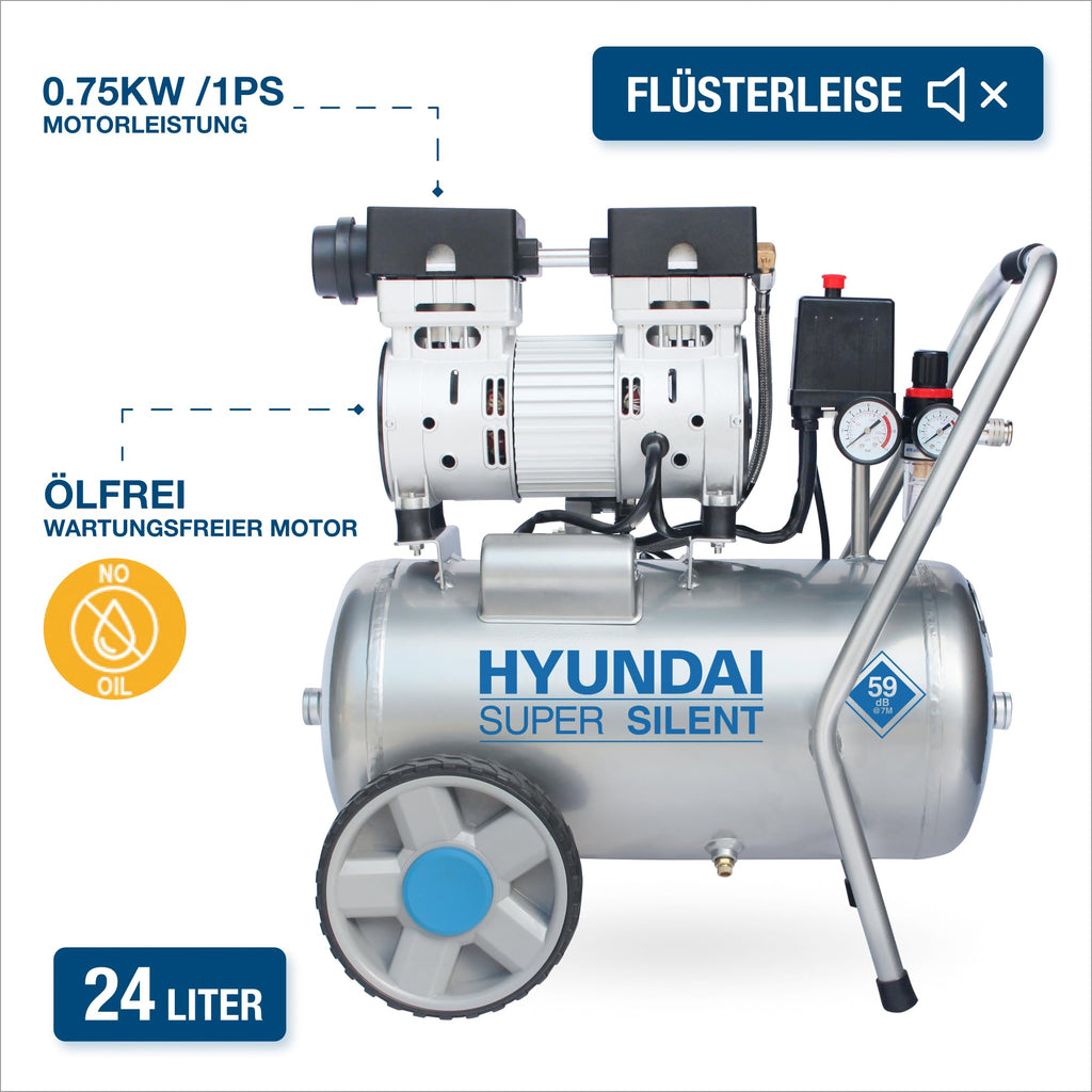 HYUNDAI Silent Kompressor SAC55752 | 24L Kessel, 8bar, ölfrei | 0.75kW / 1.0PS | Ansaugleistung 125 L/Min | Öl-Wasserabscheider | 59dB Luftkompressor leise, Flüster-Kompressor
