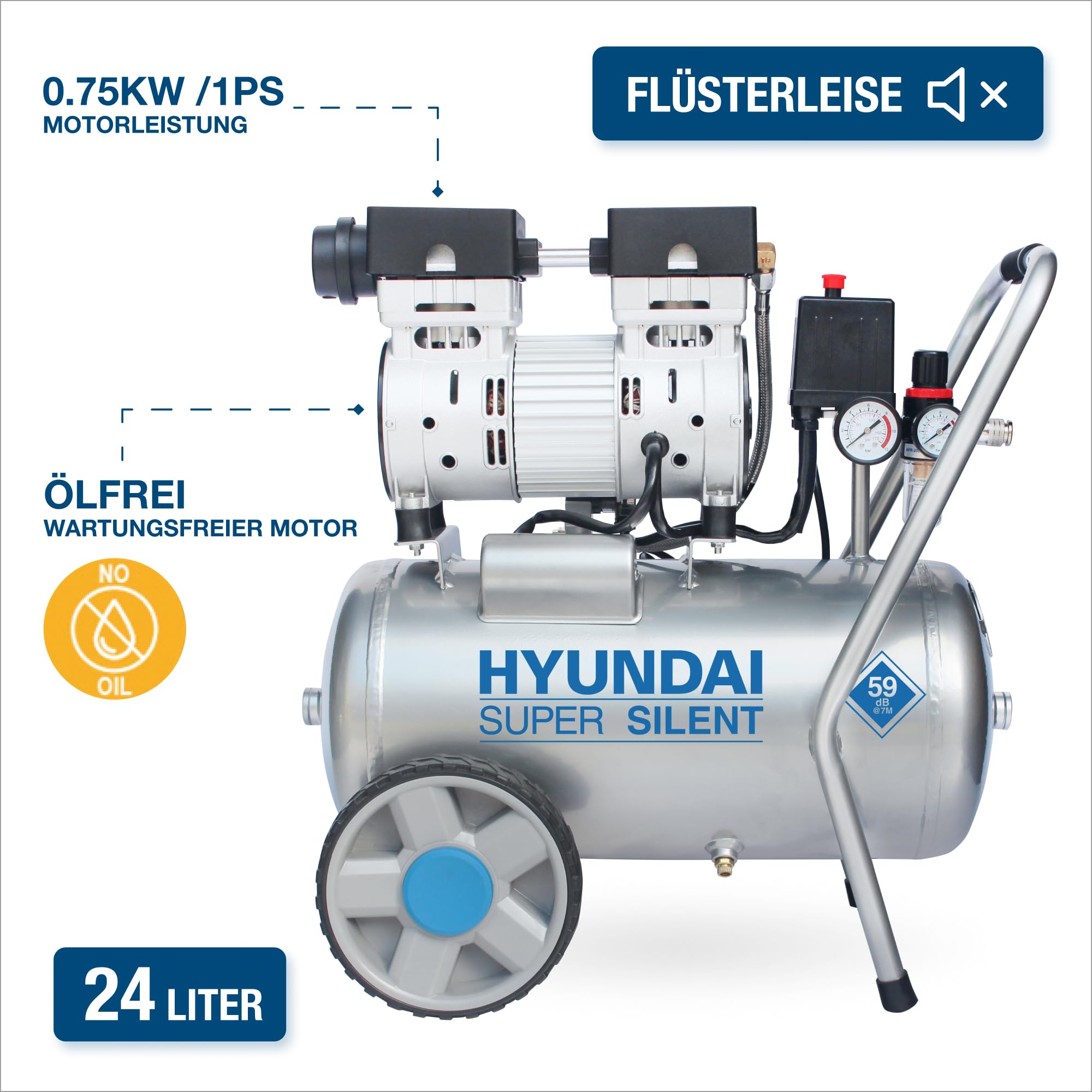 HYUNDAI Silent Kompressor SAC55752 | 24L Kessel, 8bar, ölfrei | 0.75kW / 1.0PS | Ansaugleistung 125 L/Min | Öl-Wasserabscheider | 59dB Luftkompressor leise, Flüster-Kompressor