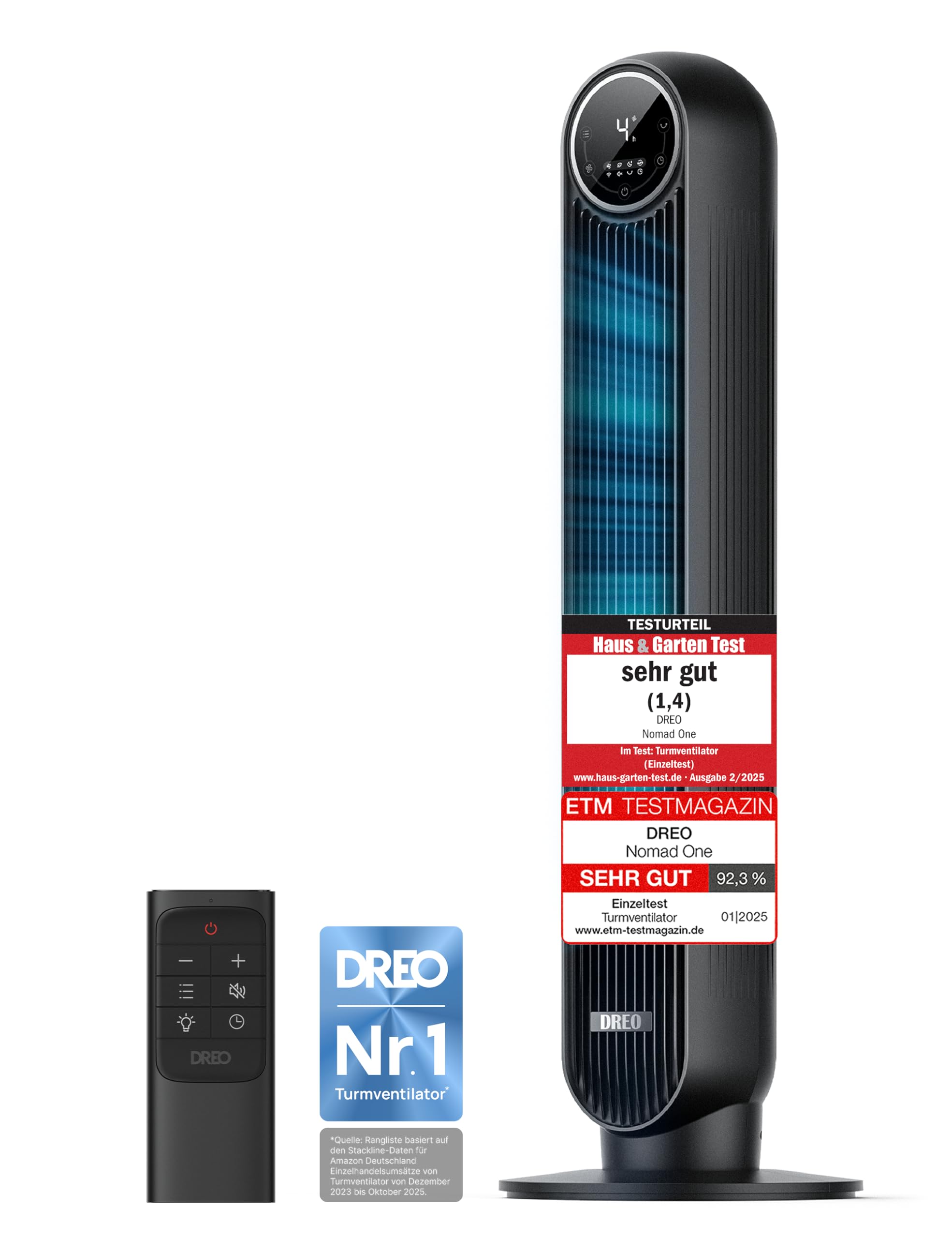 Dreo 20dB Leiser Turmventilator, 10 m Wurfweite 4 Geschwindigstufen 4 Modi 8 Std. Timer 90° oszillierende Ventilator mit Kühlung Fernbedienung für Schlafzimmer, Nomad One, Schwarz