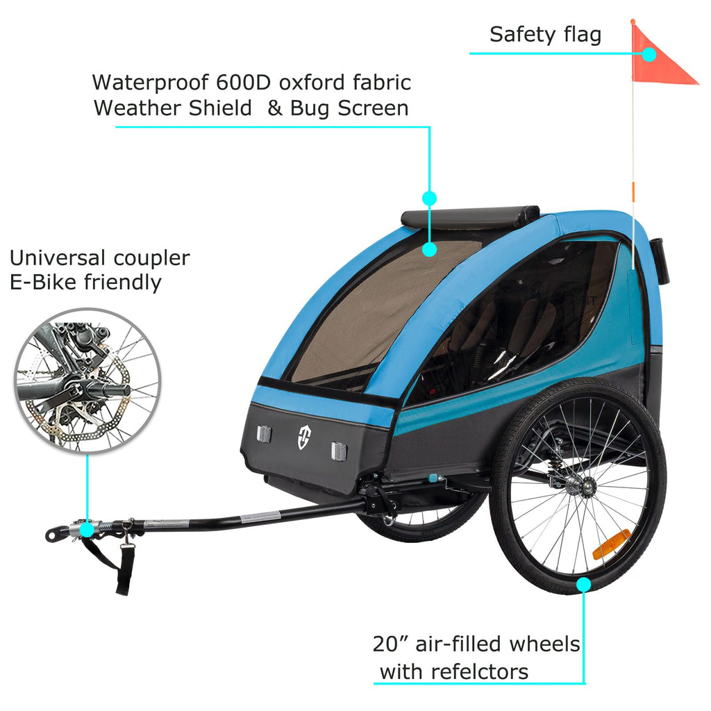 Tiggo VS Kinderanhänger 360° Drehbar mit Federung 2in1 Fahrradanhänger mit Buggy Set Jogger 5-Punkt Gurt Fahrrad Anhänger für 1 bis 2 Kinder max. 40kg (Blau)