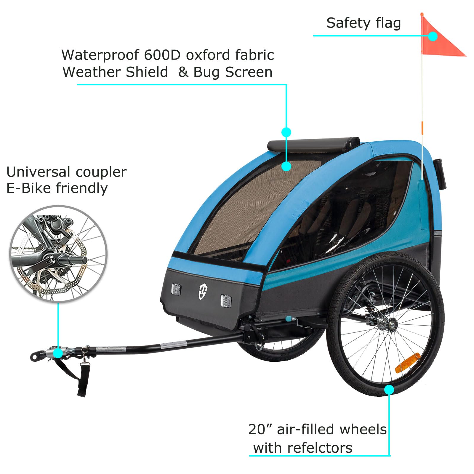 Tiggo VS Kinderanhänger 360° Drehbar mit Federung 2in1 Fahrradanhänger mit Buggy Set Jogger 5-Punkt Gurt Fahrrad Anhänger für 1 bis 2 Kinder max. 40kg (Blau)